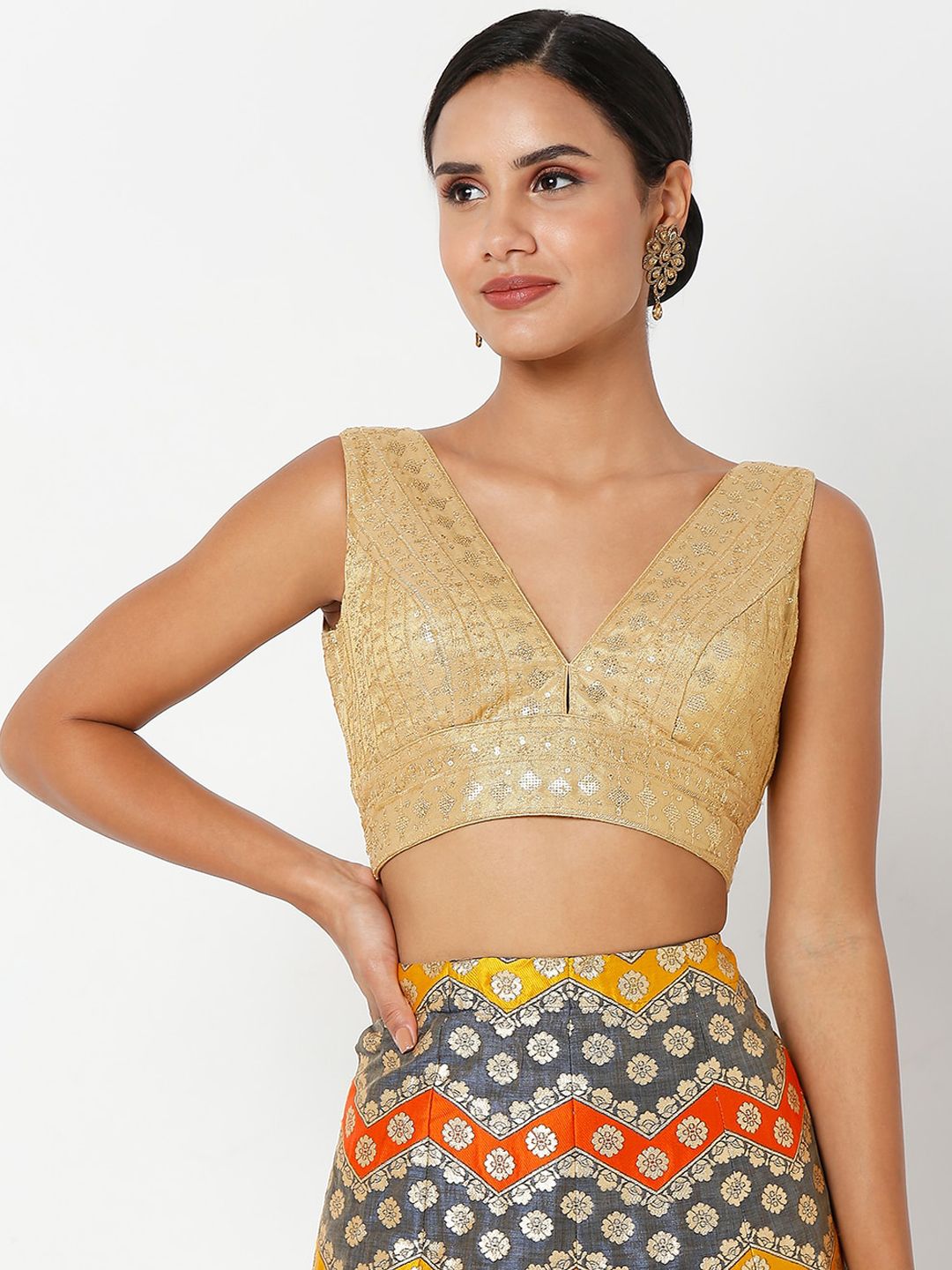 SALWAR STUDIO Women Gold Coloured Embellished Saree Blouse Price in India