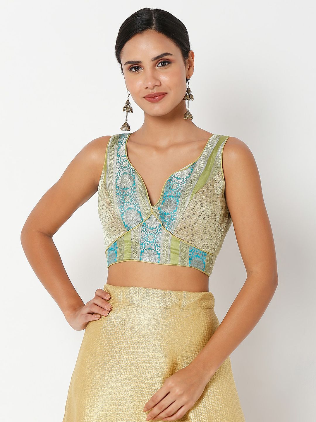 SALWAR STUDIO Women Green & Gold-Coloured Self Design Readymade Saree Blouse Price in India