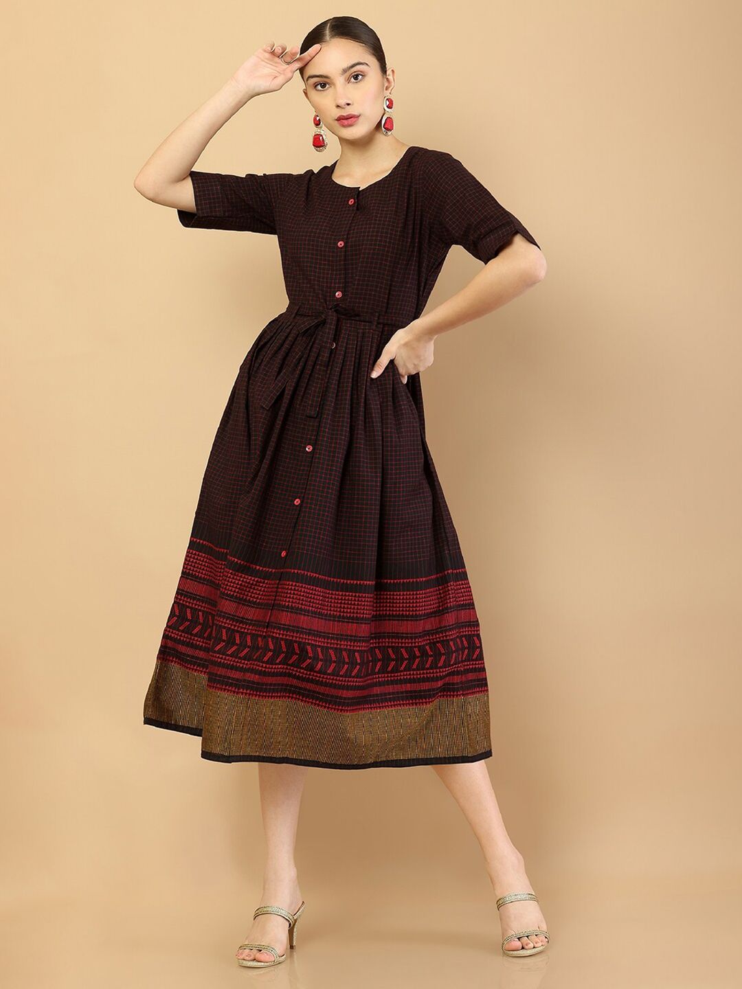 Soch Black & Red Checked A-Line Midi Dress Price in India