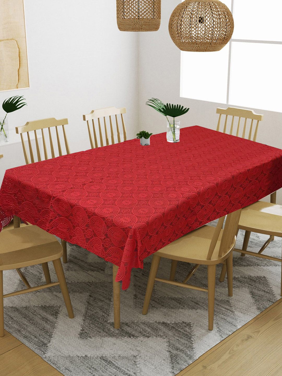 WEAVERS VILLA Maroon Solid 6-Seater Cotton Rectangle Table Cover Price in India