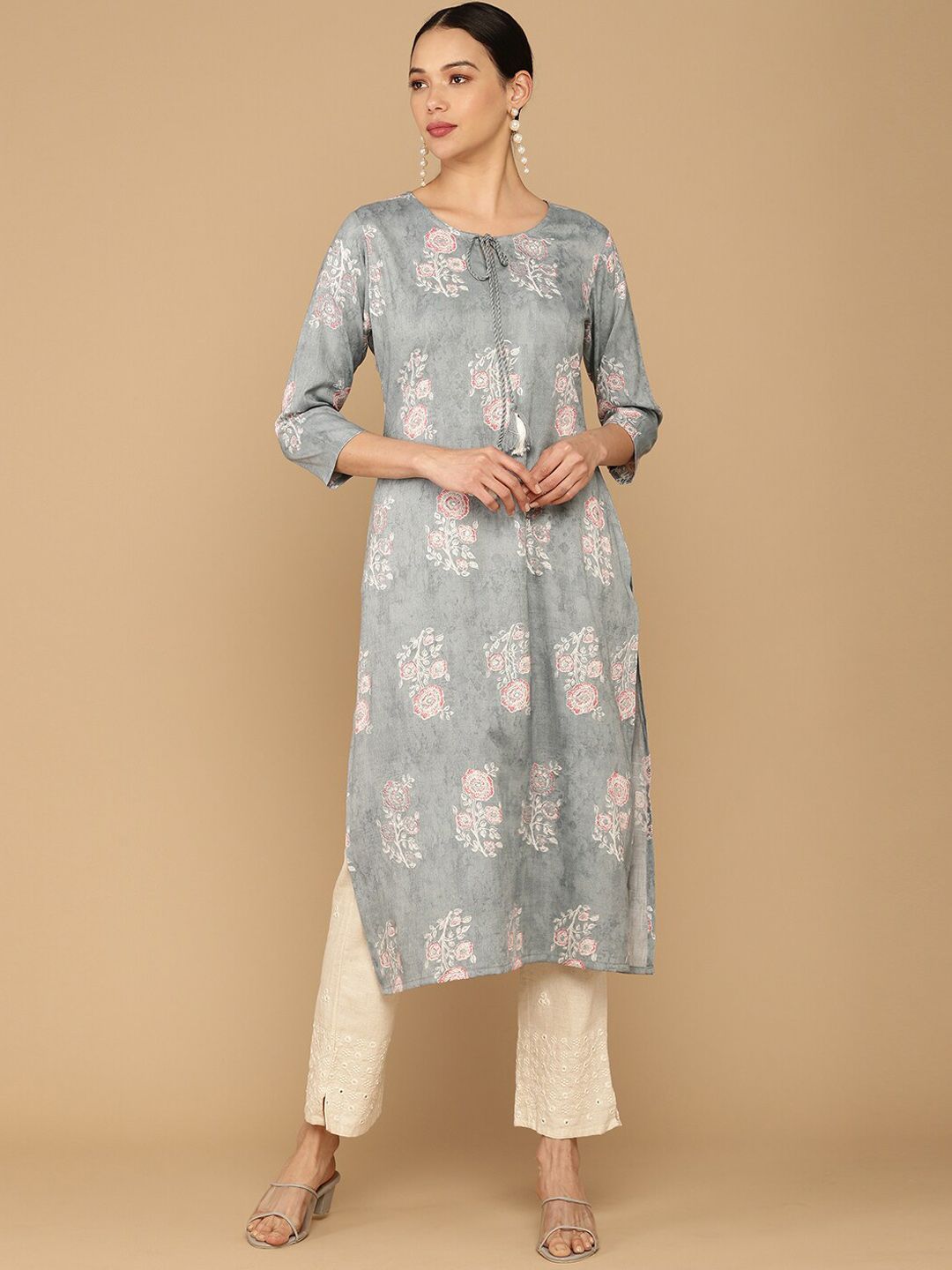 Soch Women Grey Ethnic Motifs Printed Kurta Price in India