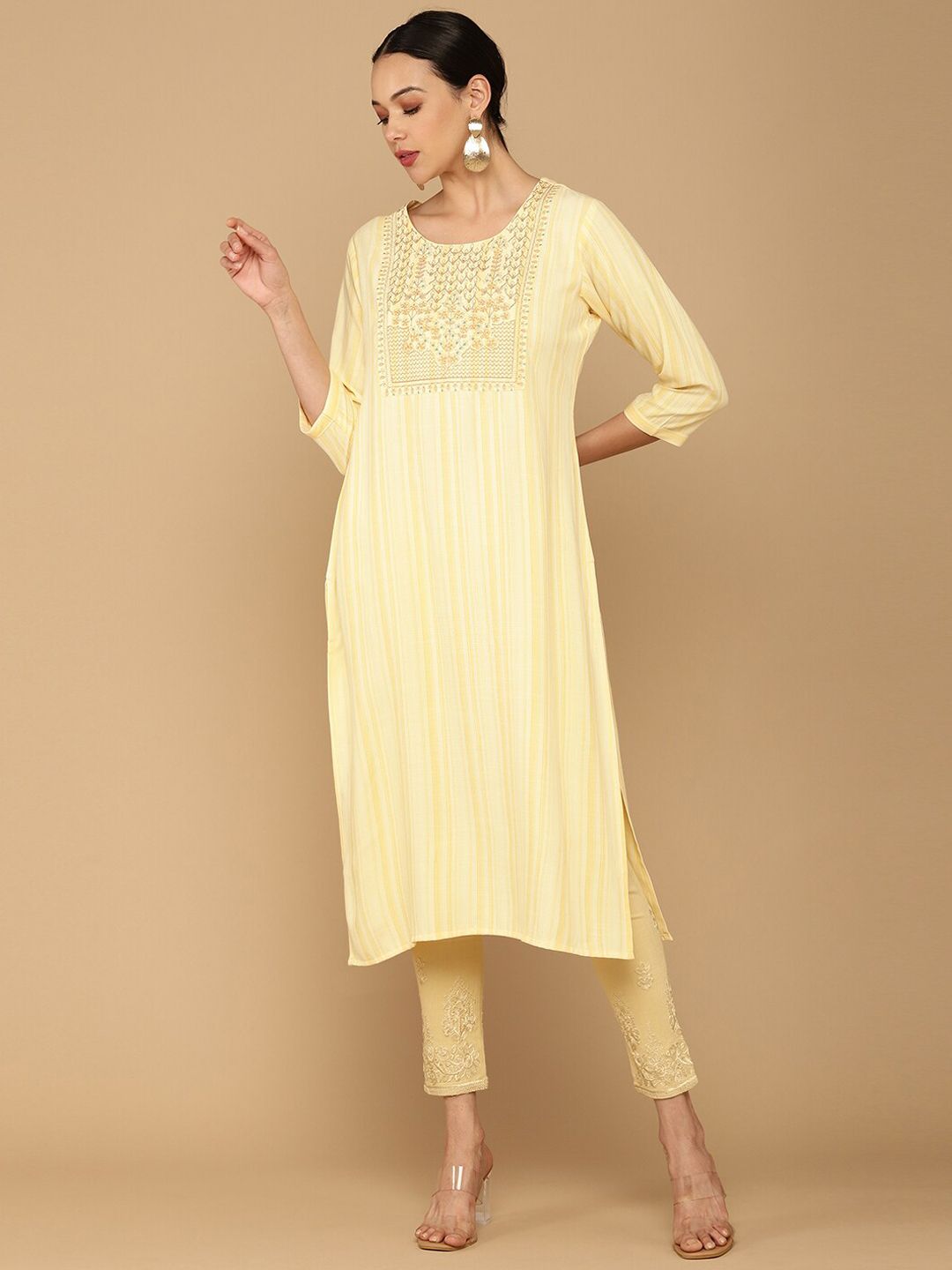 Soch Women Yellow Ethnic Motifs Embroidered Thread Work Kurta Price in India