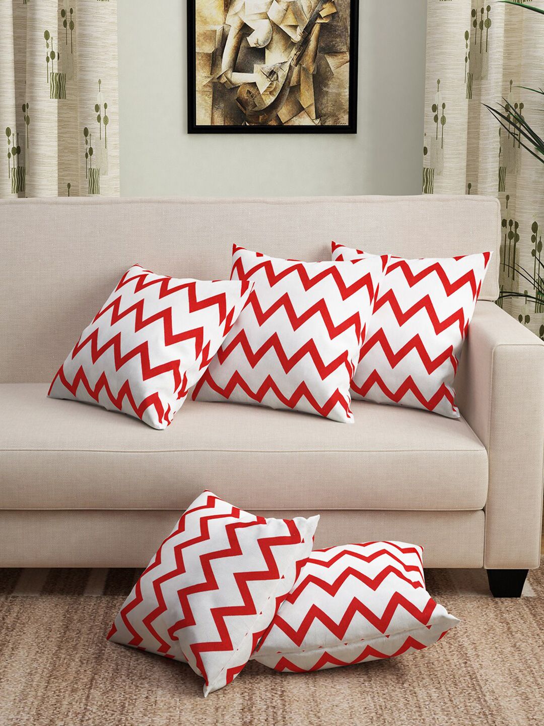 Story@home Set of 5 Red Chevron Cushion Covers Price in India