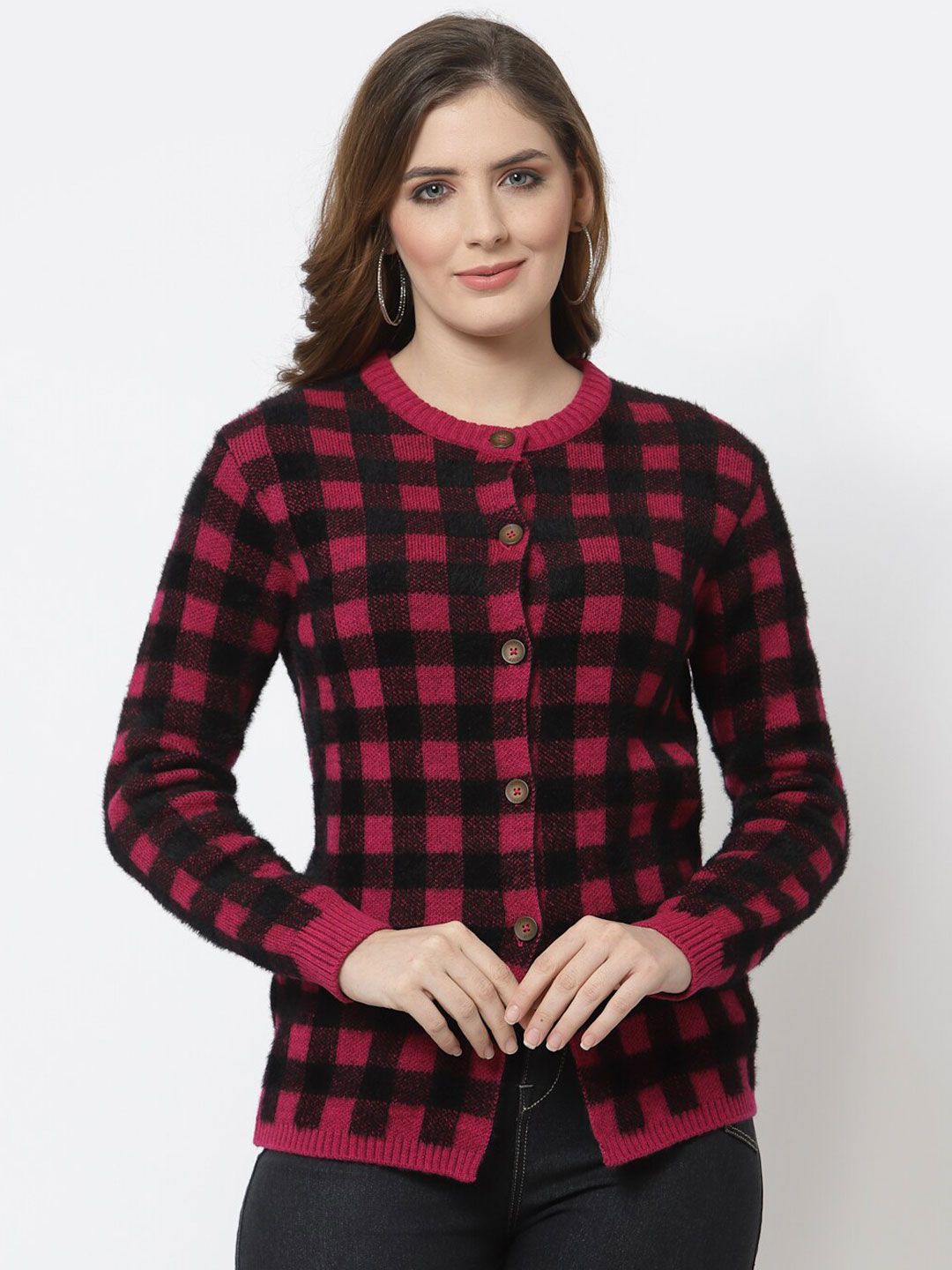 Kalt Women Magenta & Black Checked Cardigan Price in India