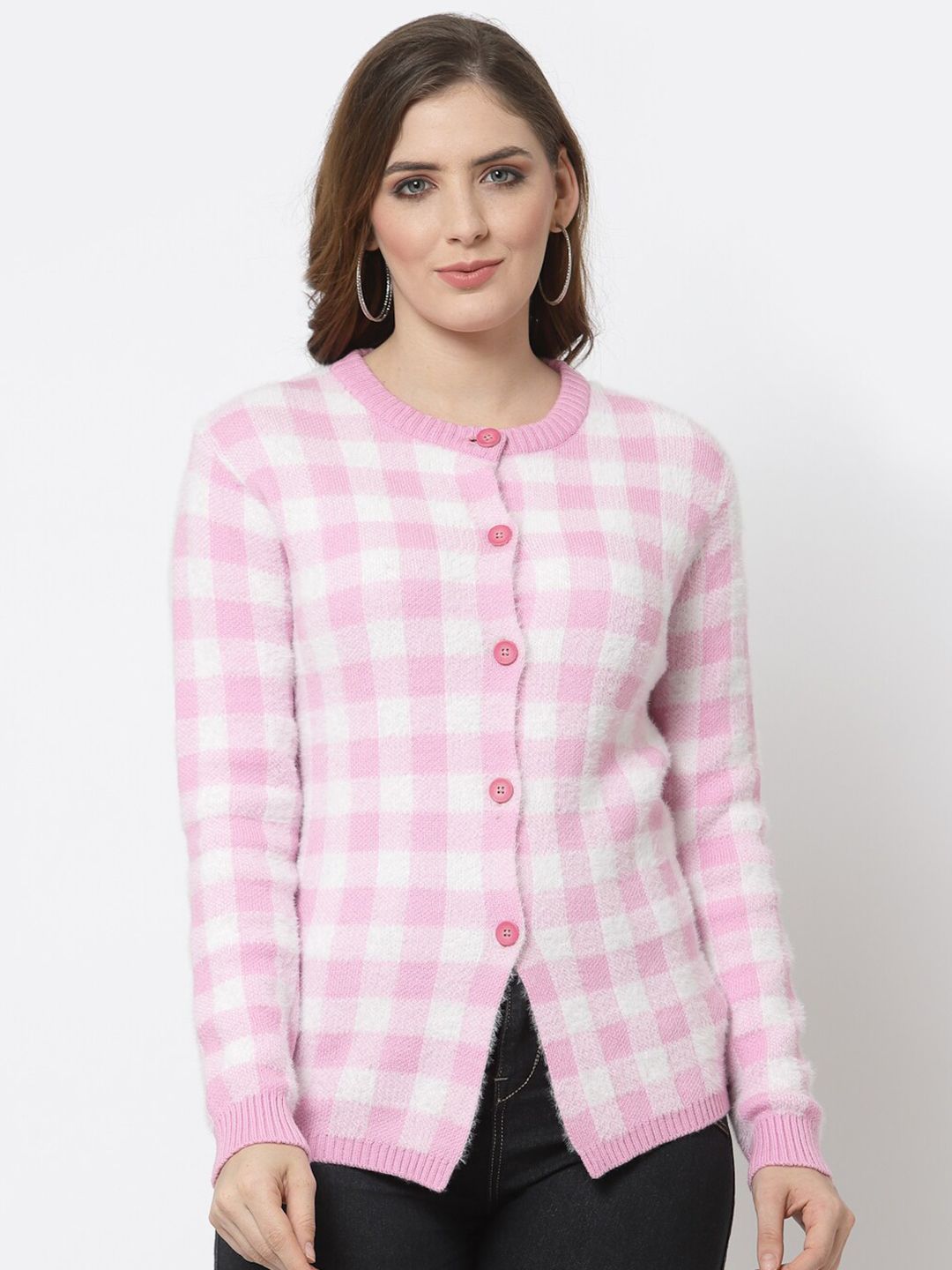 Kalt Women Pink & White Checked Cardigan Price in India