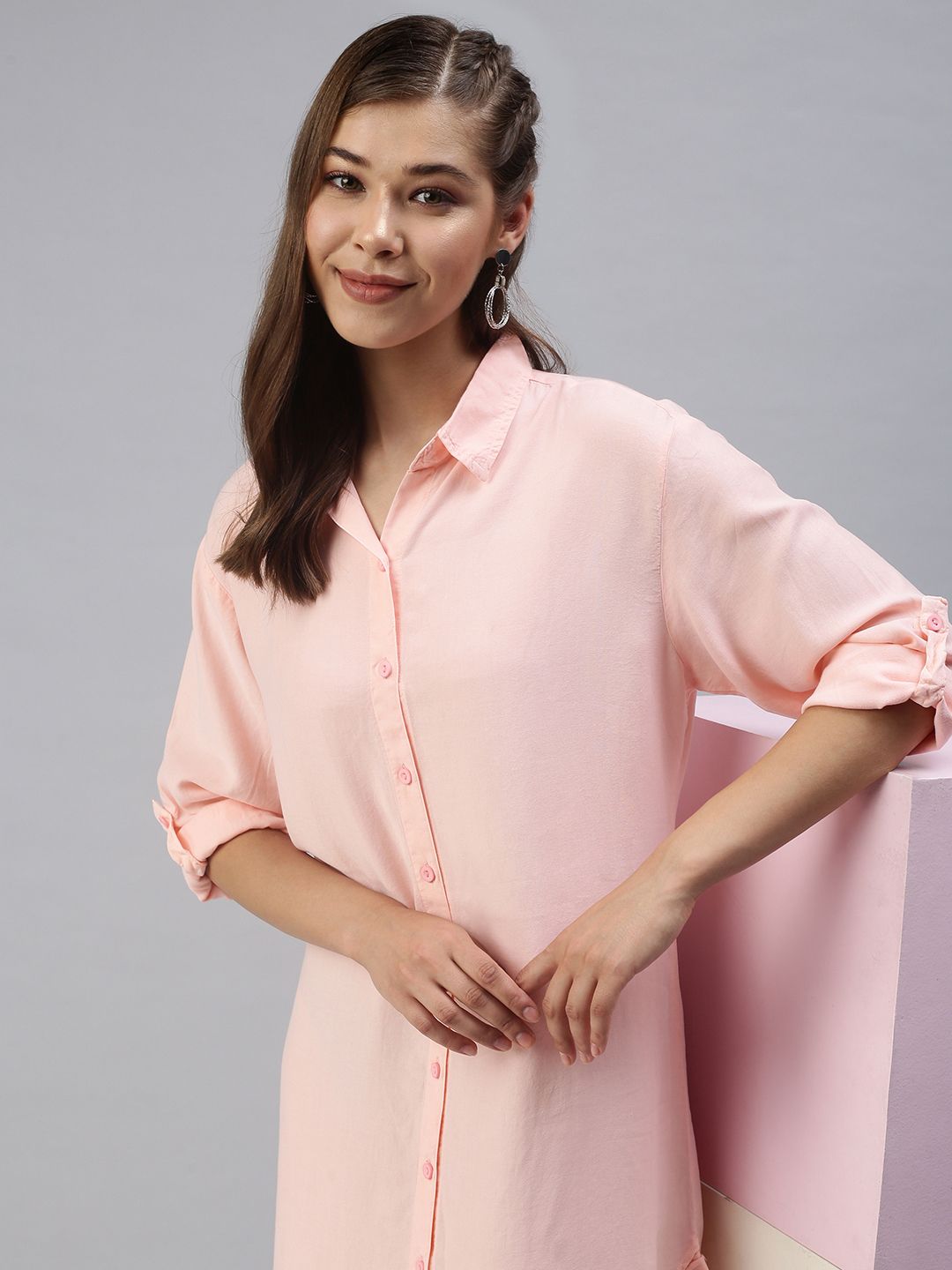 SHOWOFF Women Peach-Coloured Shirt Dress Price in India