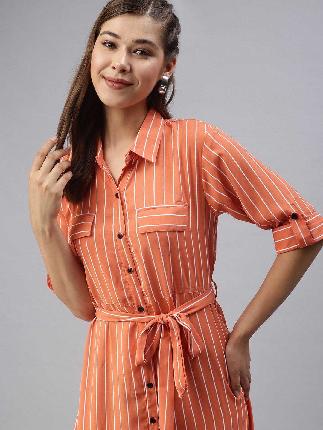 SHOWOFF Women Orange Striped Crepe Shirt Midi Dress Price in India