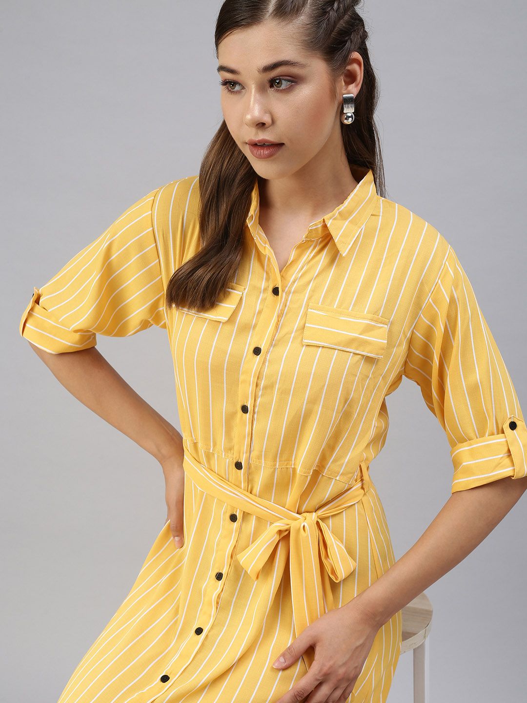 SHOWOFF Women Yellow Striped Crepe Shirt Midi Dress Price in India