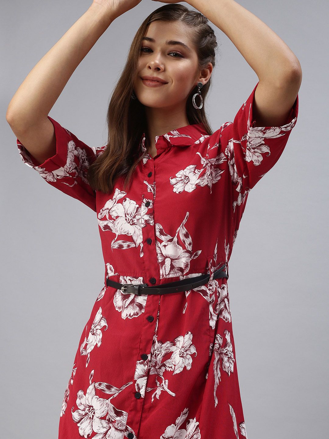 SHOWOFF Women Red Floral Crepe Shirt Dress Price in India