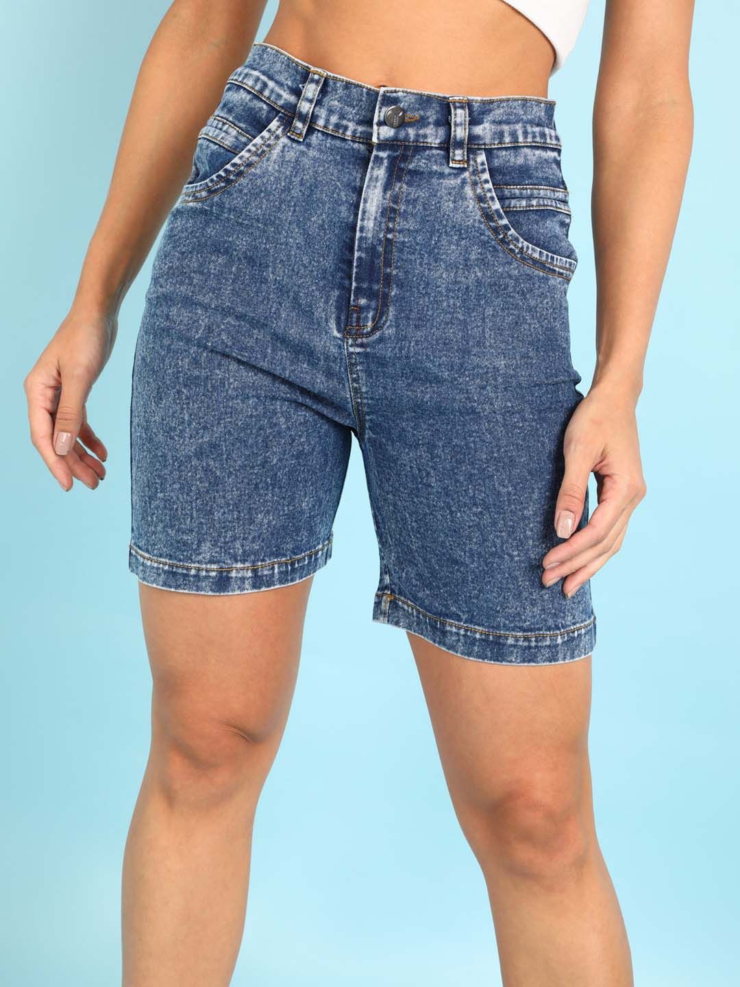 MONTREZ Women Blue High-Rise Washed Faded Denim Shorts
