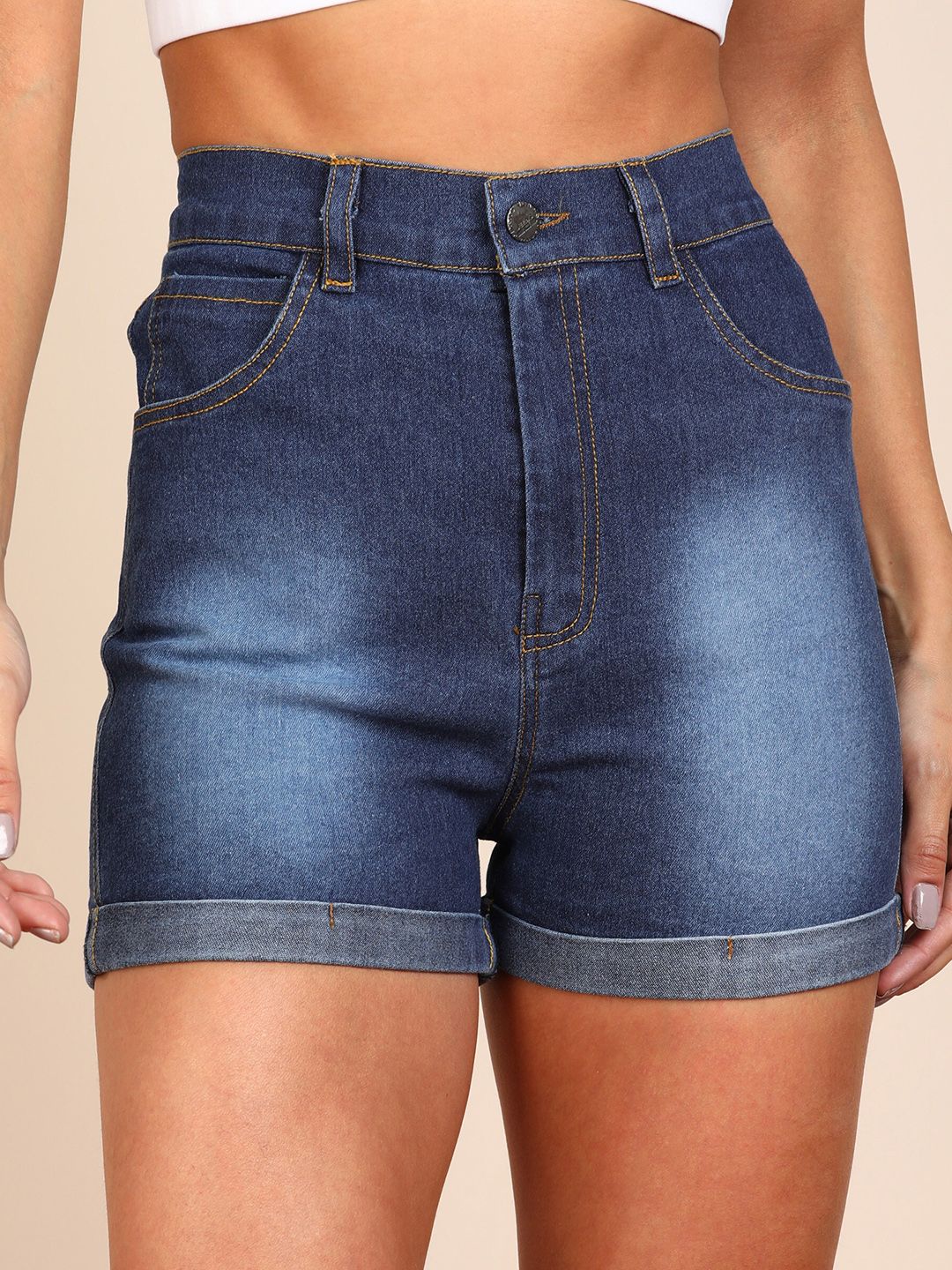 MONTREZ Women Blue Washed High-Rise Denim Shorts