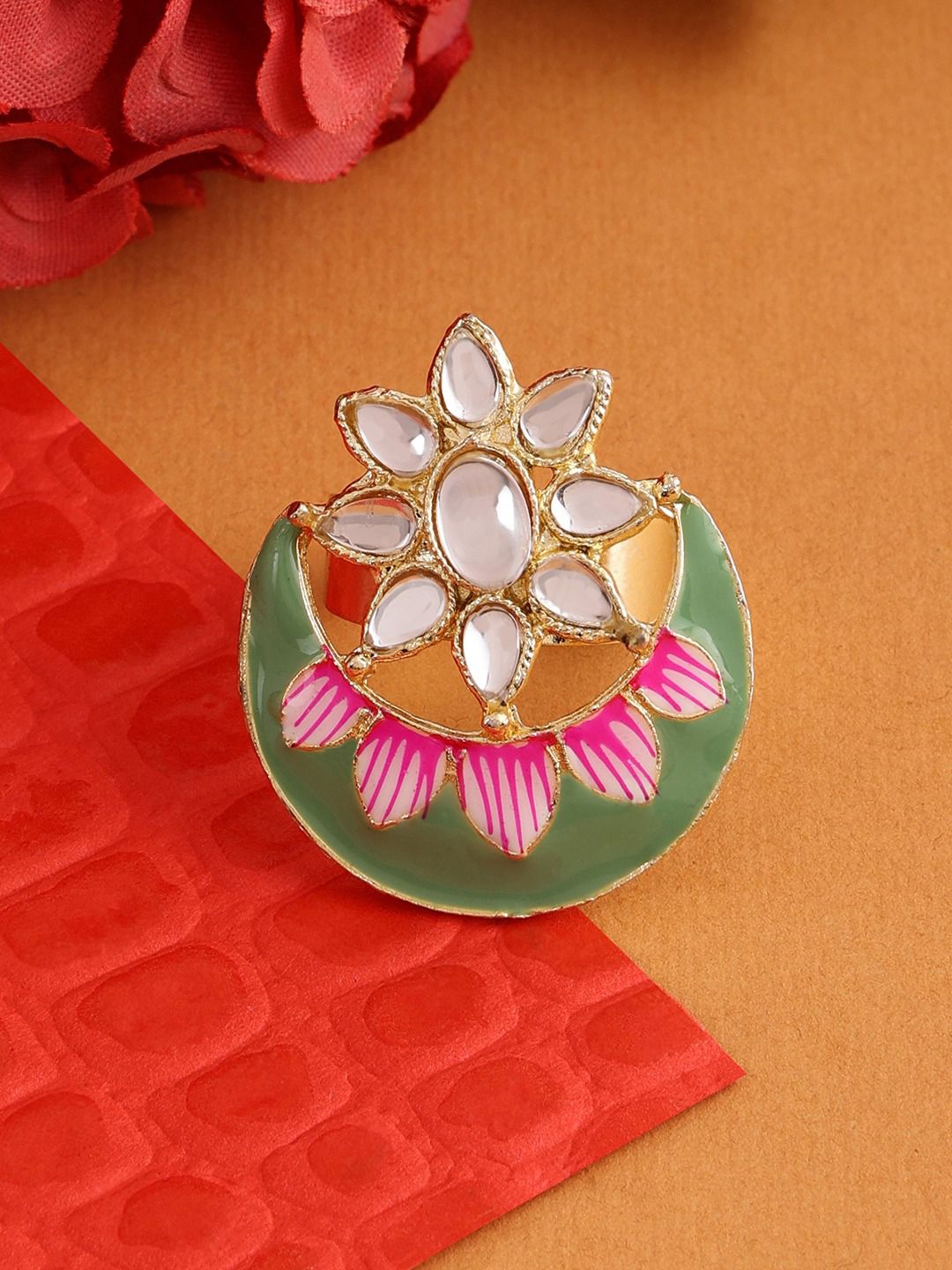 Zaveri Pearls Women Gold Plated Green & Pink Meenakari Kundan Studded Finger Ring Price in India