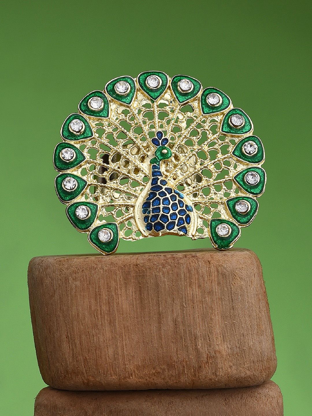 Zaveri Pearls Women Gold-Plated Blue & Green Kundan Studded Meenakari Adjustable Finger Ring Price in India
