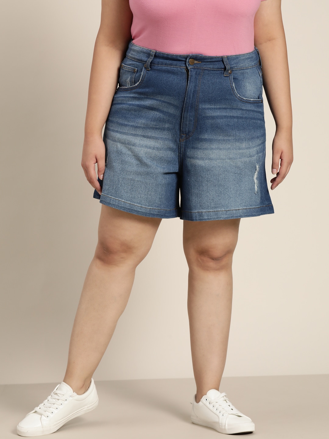 Sztori Women Plus Size Blue Woven Denim Shorts Price in India