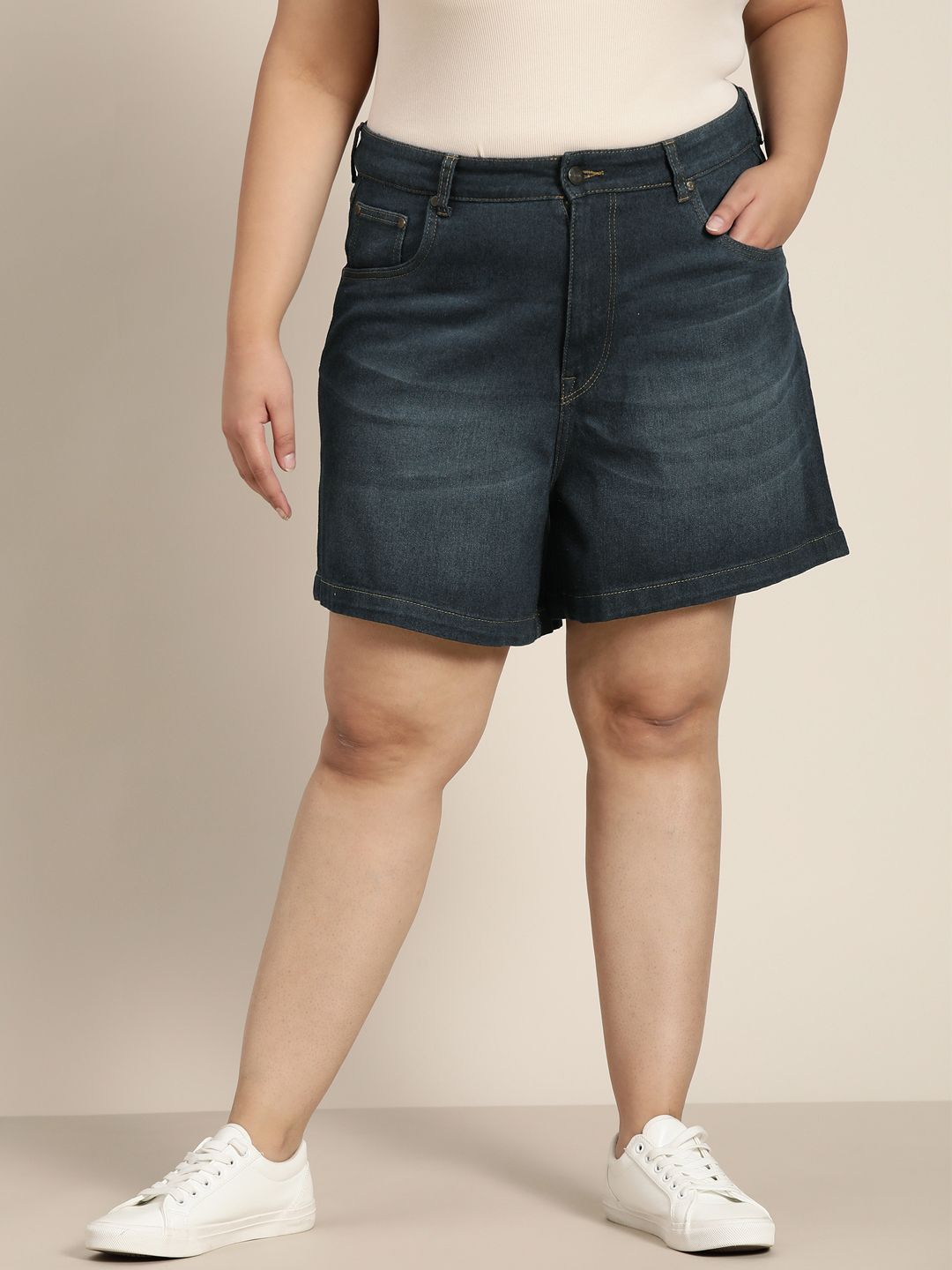 Sztori Women Plus Size Navy Blue Woven Denim Shorts Price in India