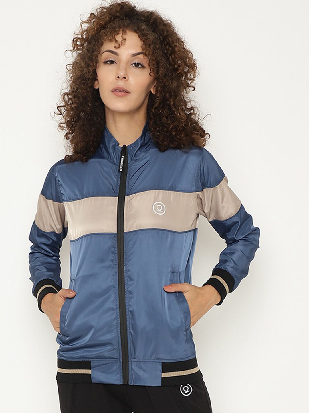 Chkokko Women Blue Grey Colourblocked Windcheater and Water Resistant Bomber Jacket Price in India