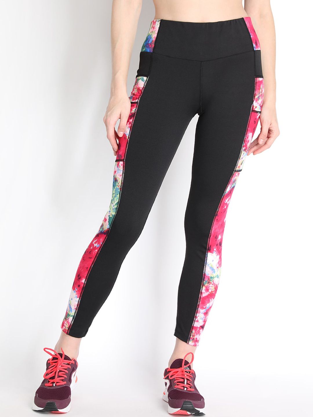 Chkokko Women Black & Pink Printed Gym Tights Price in India