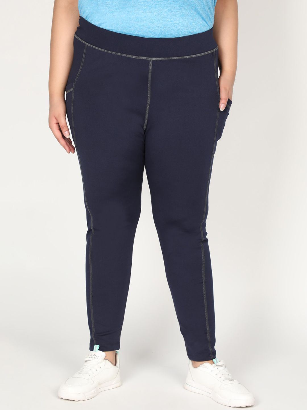 CHKOKKO Plus Women Navy Blue Solid Skinny-Fit Tights Price in India