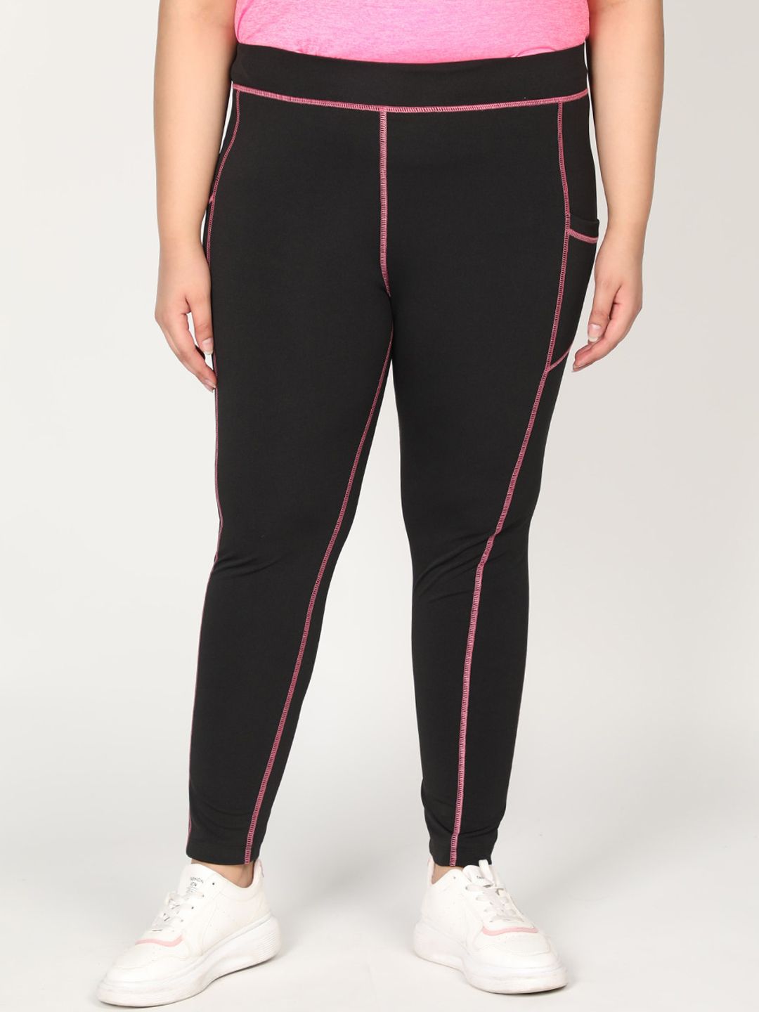 CHKOKKO Plus Women Black Pink Solid Skinny-Fit Tights Price in India
