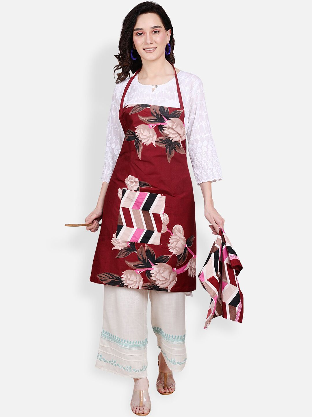 ROMEE Maroon Floral Printed Cotton Kitchen Apron with Napkin Price in India