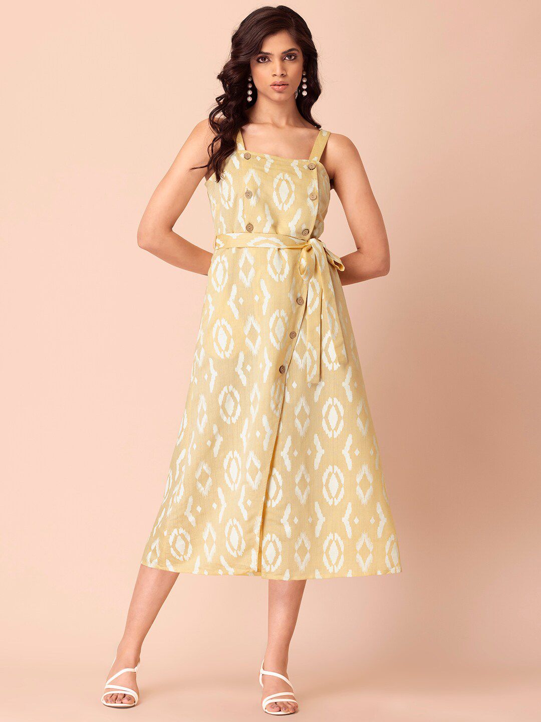 INDYA Yellow & White Ethnic Motifs A-Line Midi Dress Price in India