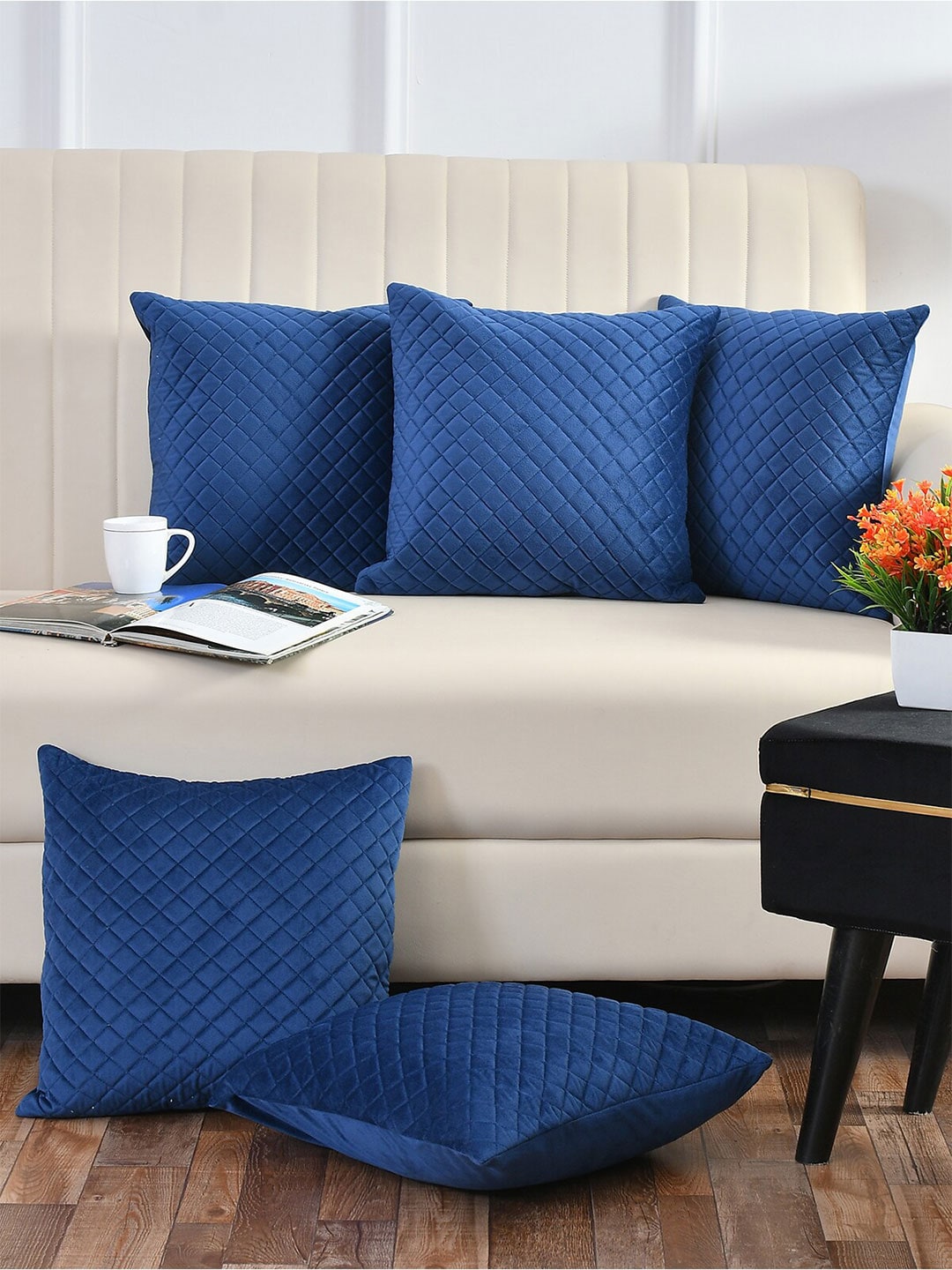 Florida Blue Set of 5 Geometric Velvet Square Cushion Covers Price in India