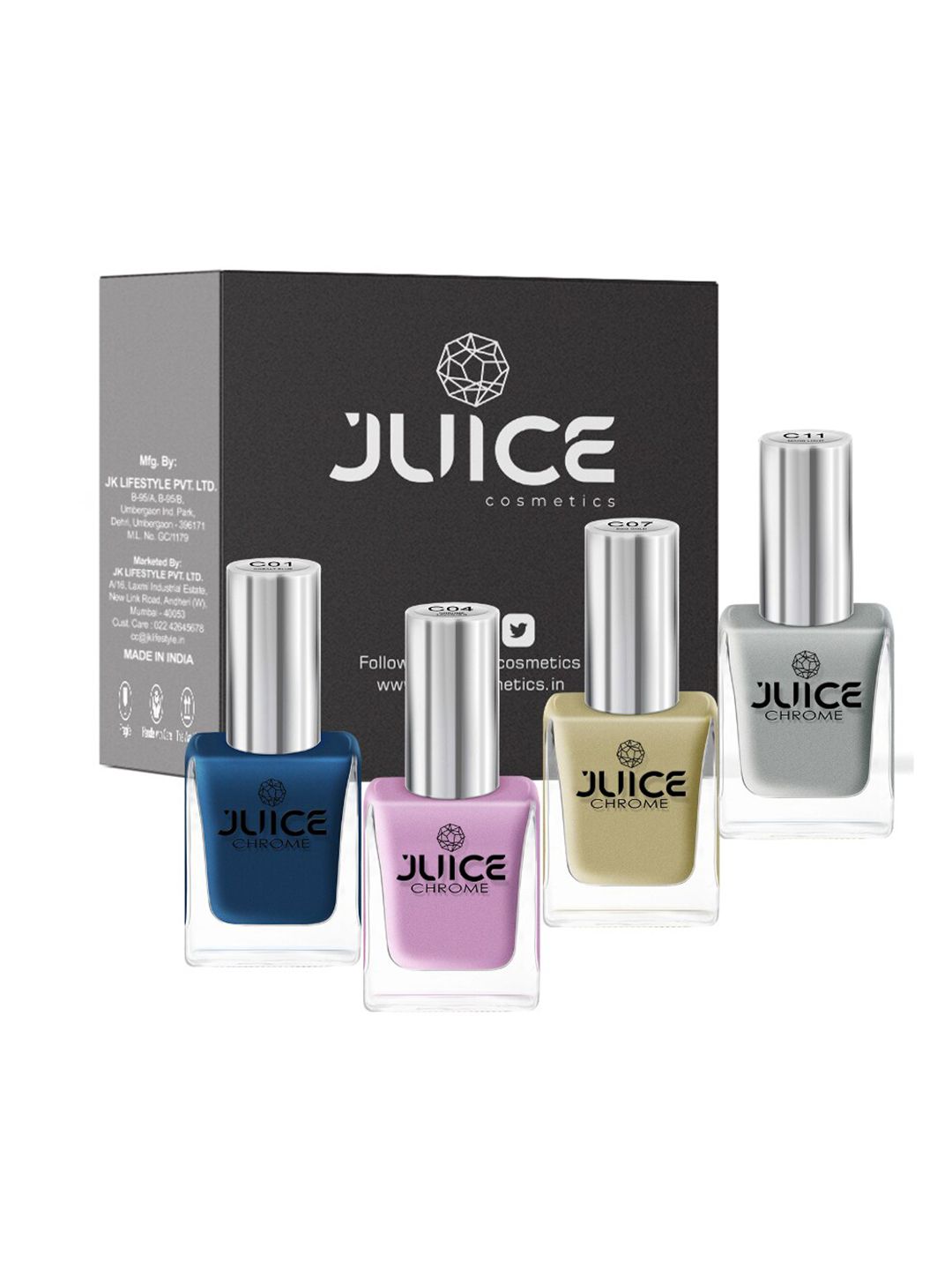 JUICE Set of 4 Nail Paint  Cobalt Blue-C01 Chrome Lavender-C04 Egg Gold-C07 Moon Light-C11 44 ml