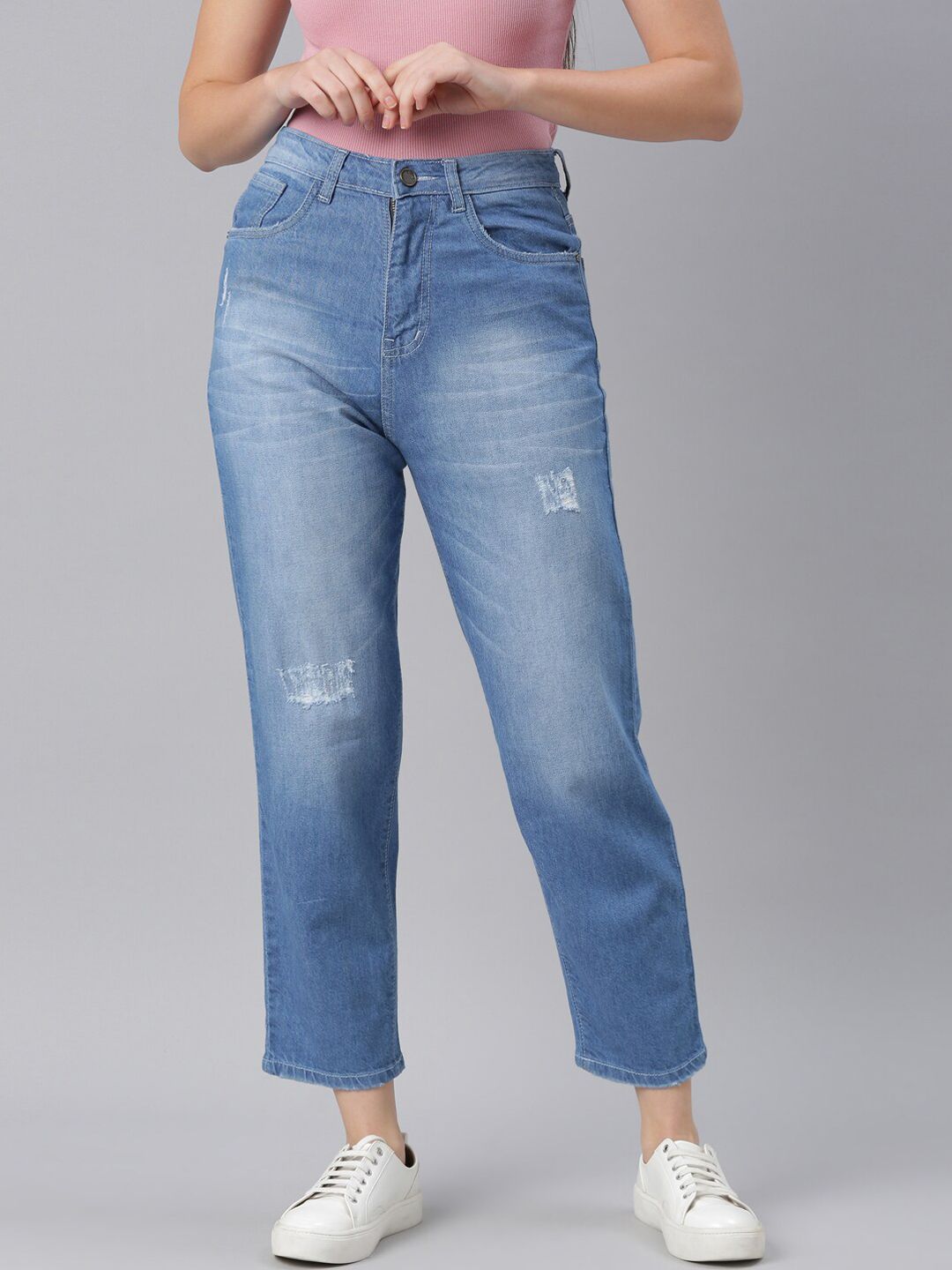 ZHEIA Women Blue High-Rise Low Distress Light Fade Stretchable Jeans Price in India