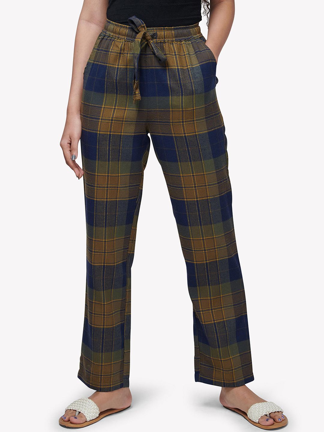 VASTRADO Women Brown & Navy Blue Checked Cotton Lounge Pants Price in India