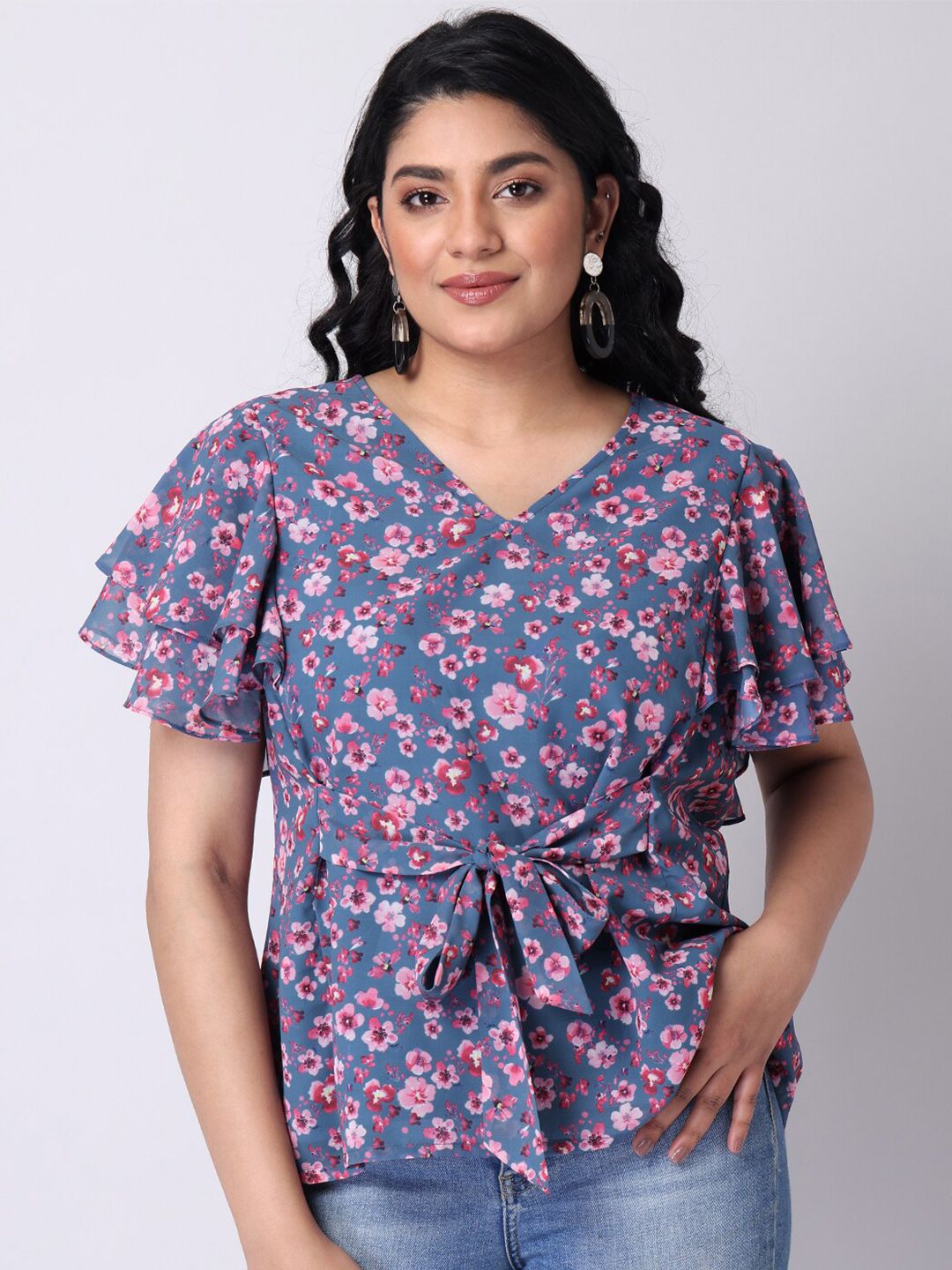 FabAlley Curve Blue Floral Print Georgette Cinched Waist Top Price in India