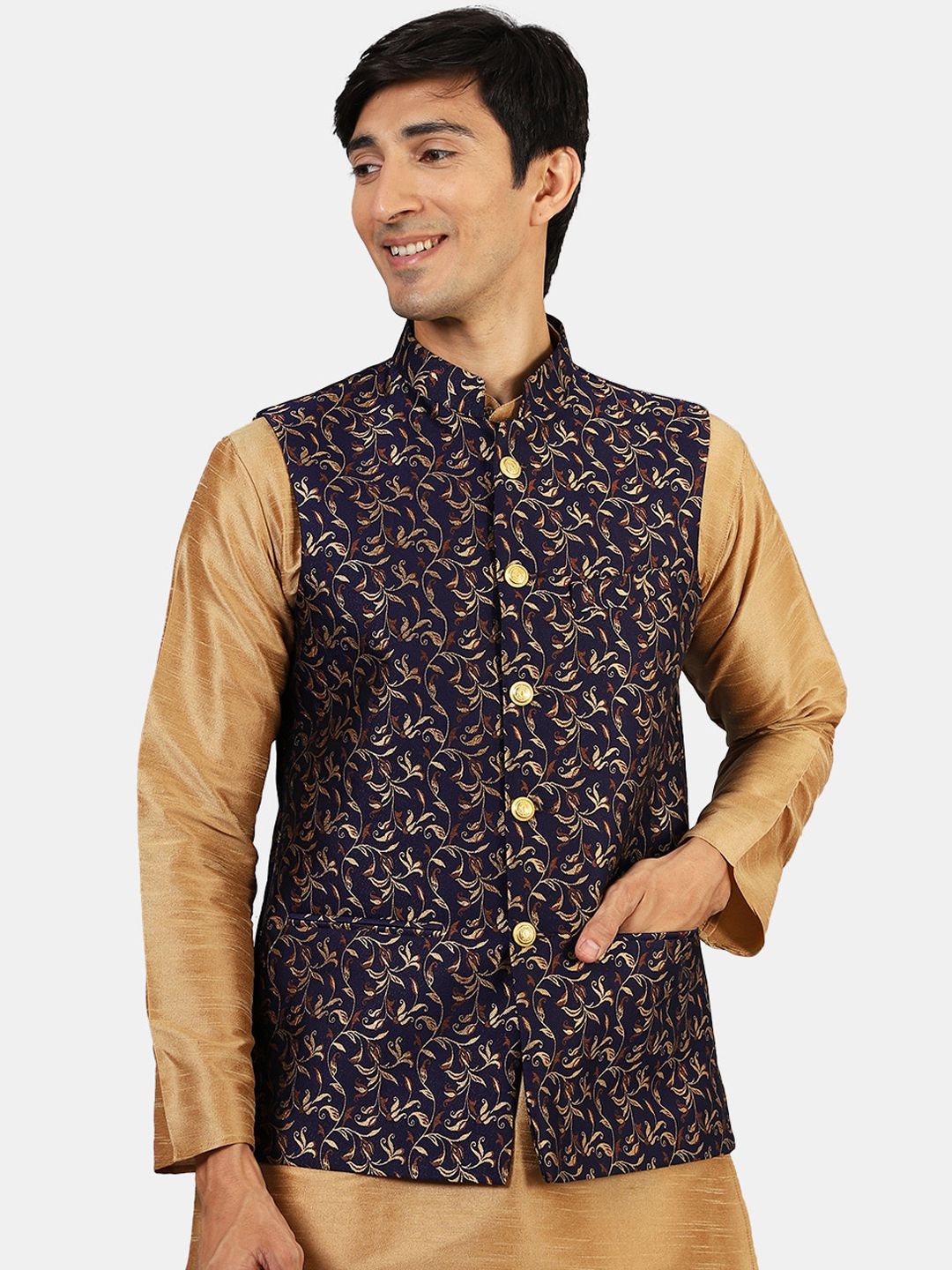 Wintage Men Navy-Blue & Gold-Colored Woven-Design Nehru Jacket