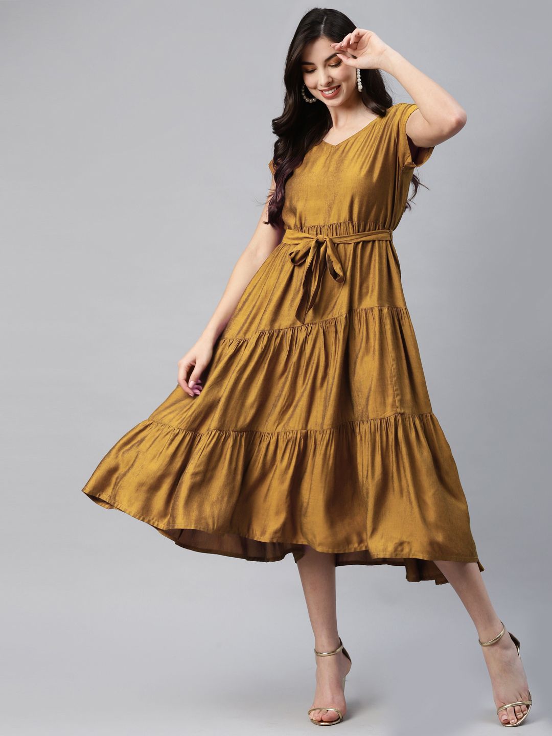 Aarika Mustard Yellow A-Line Midi Dress Price in India