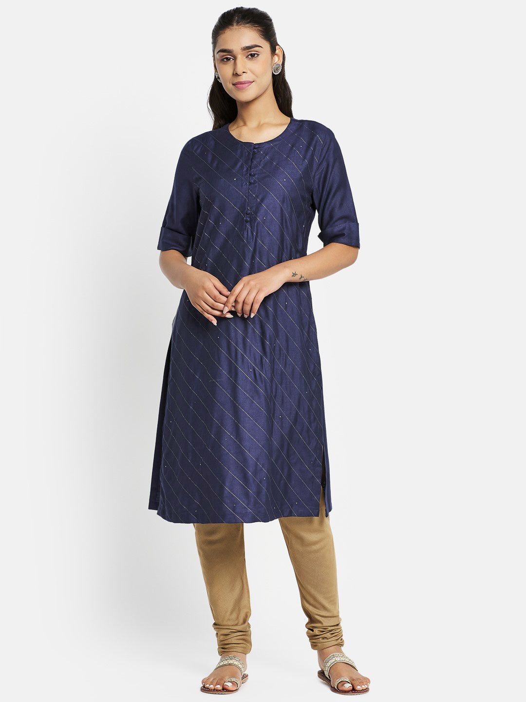 Fabindia Women Navy Blue Striped Viscose Silk Slim Fit Kurta