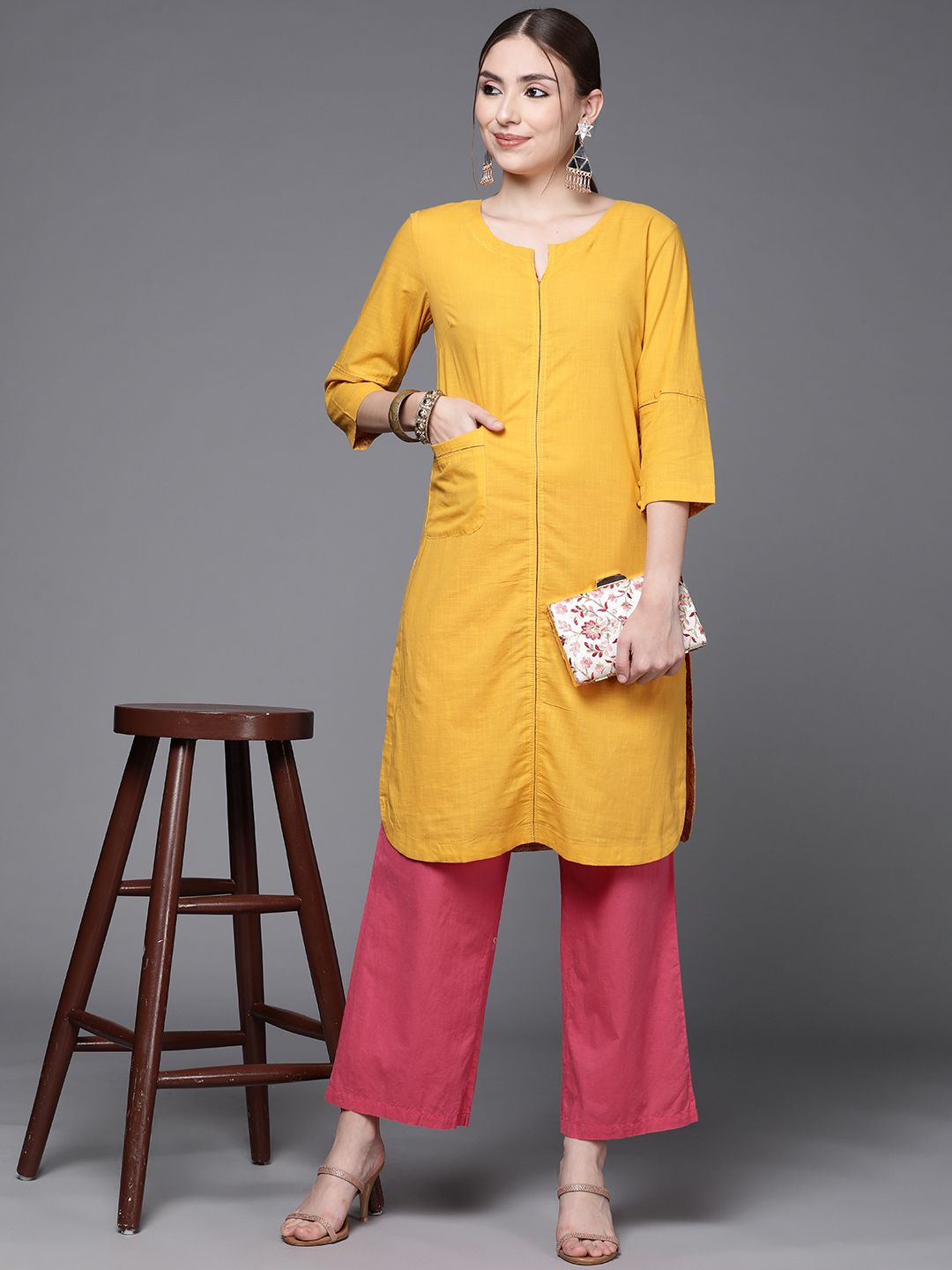 Fabindia Women Mustard Yellow Pure Cotton Straight Knee Length Kurta Price in India