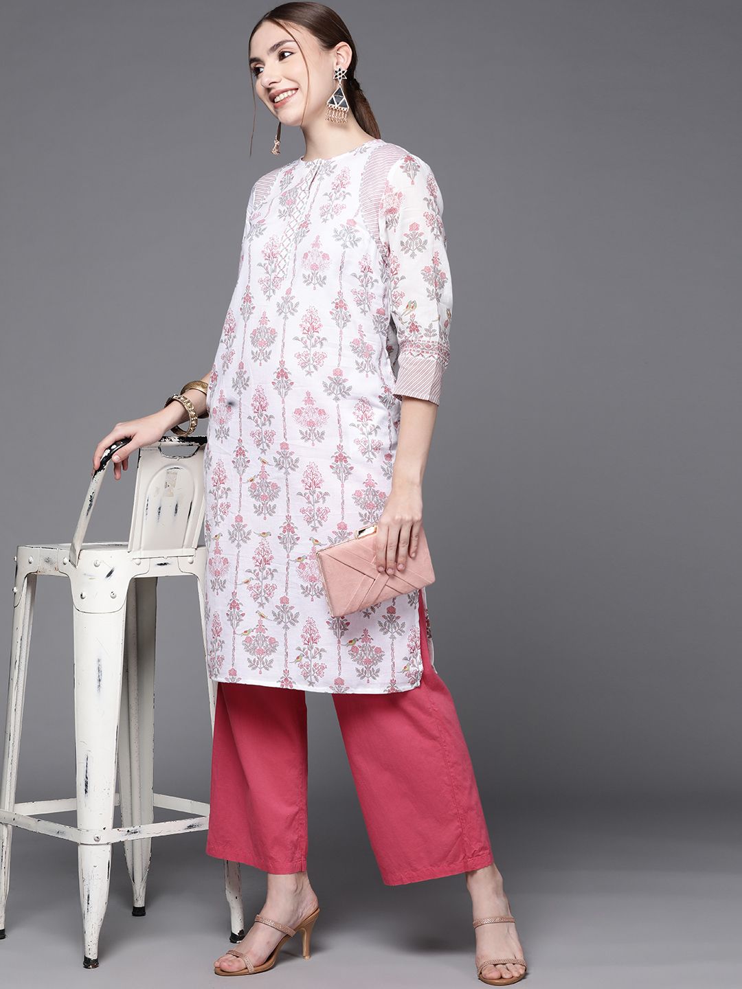 Fabindia Women White & Pink Pure Cotton Floral Printed Knee Length Kurta