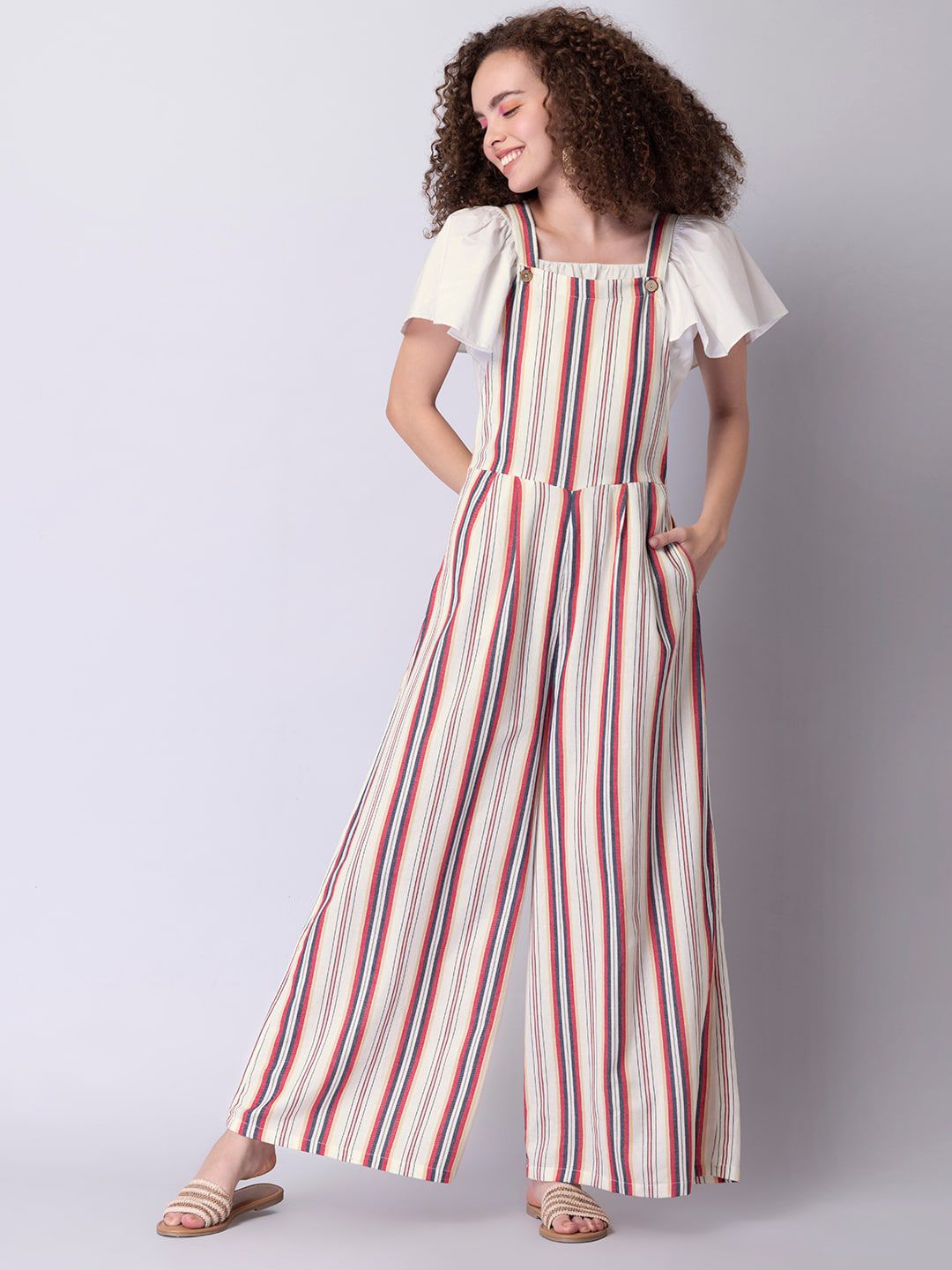 FabAlley White & Red Striped Basic Jumpsuit Price in India