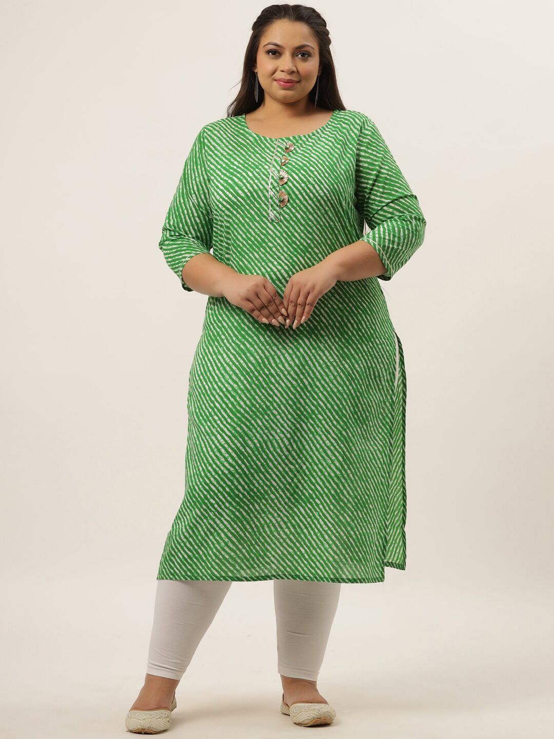Yufta Plus Size Women Green Leheriya Printed Cotton Kurta Price in India