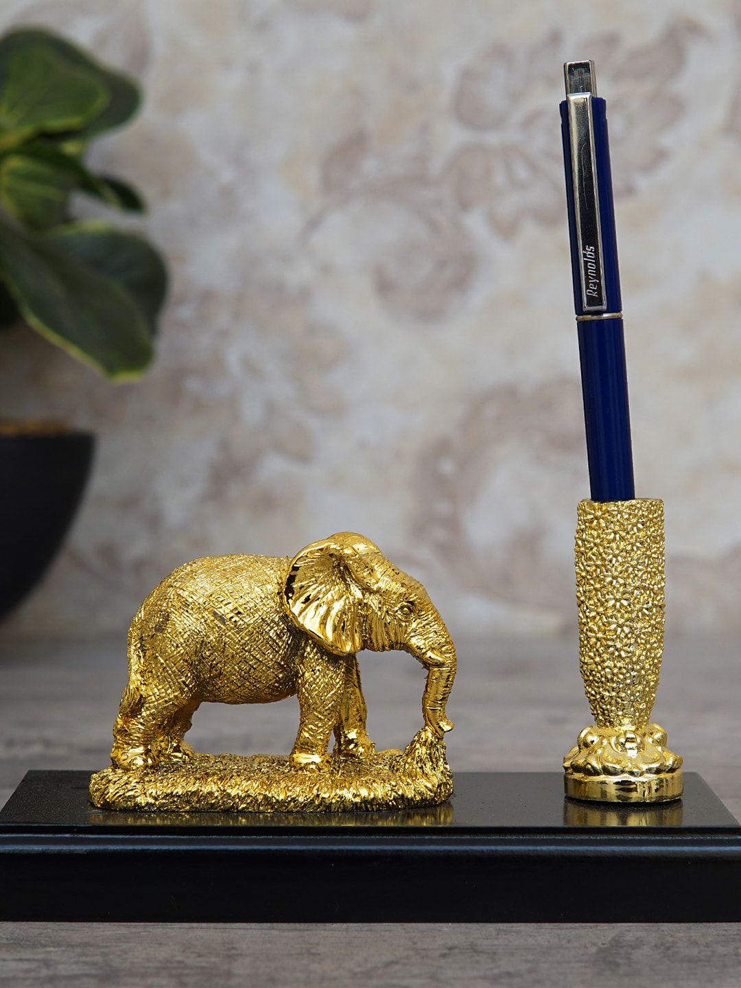 StatueStudio Gold-Toned & Black Textured Elephant Pen Stand Showpiece Price in India