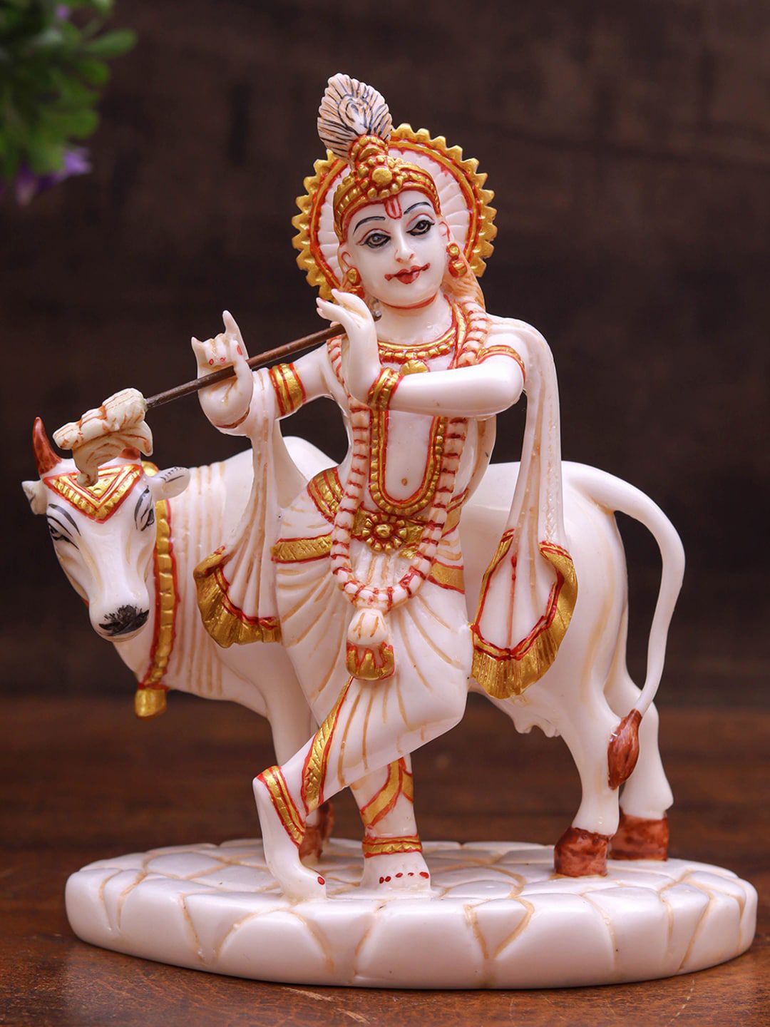 StatueStudio White & Gold Krishna Idol With Cow Showpieces Price in India