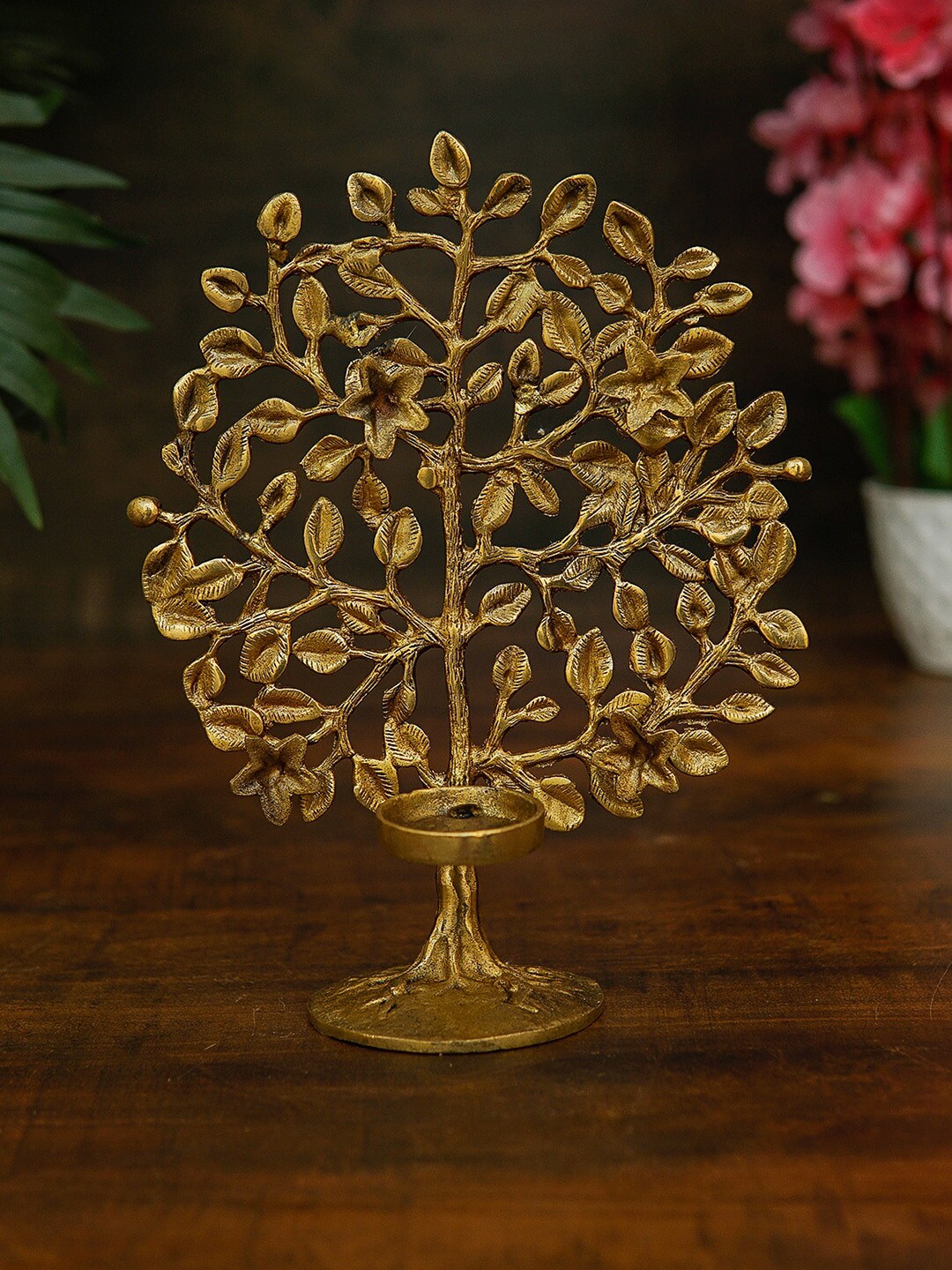 StatueStudio Gold-Toned Brass Small Tree Candle Holder Showpiece Price in India