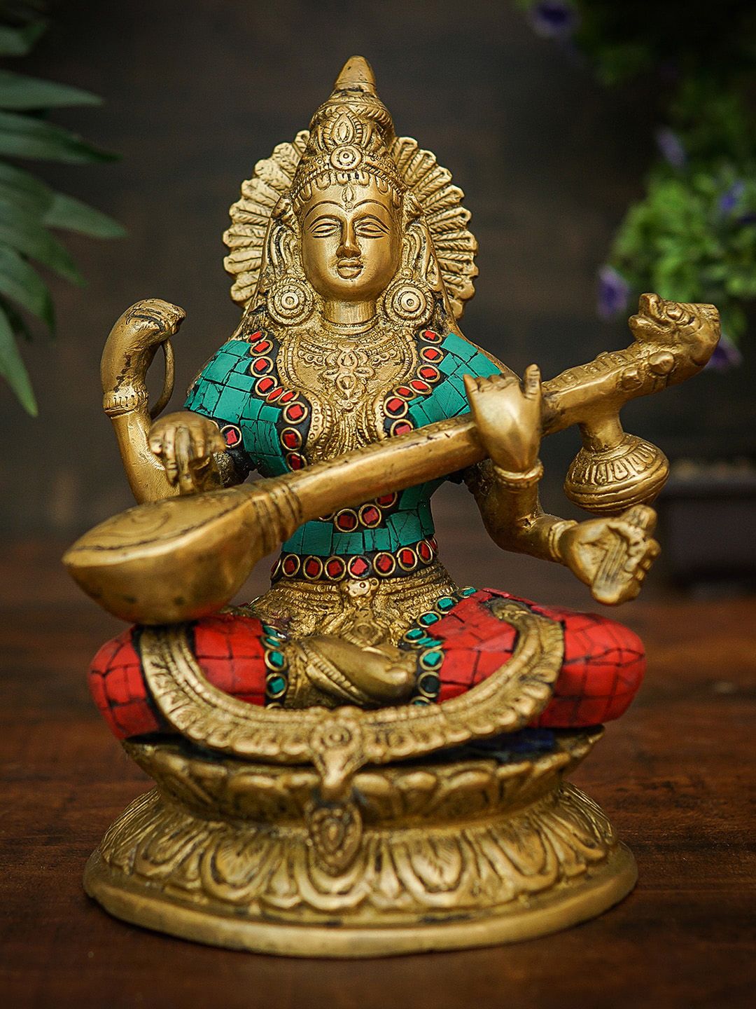 StatueStudio Gold Toned & Green Brass Saraswati Idol Price in India