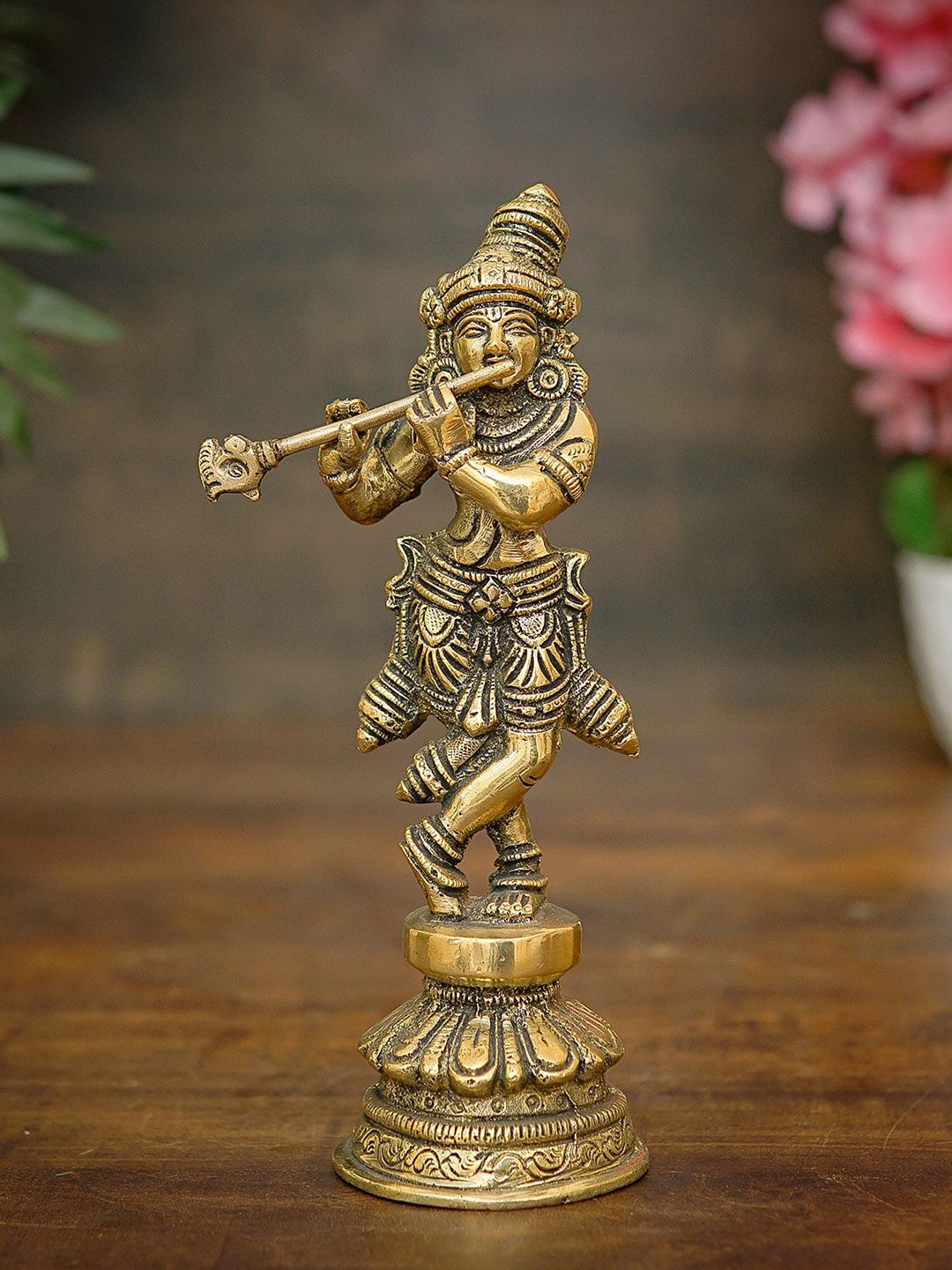 StatueStudio Gold-Toned Brass Krishna Idol Showpiece Price in India