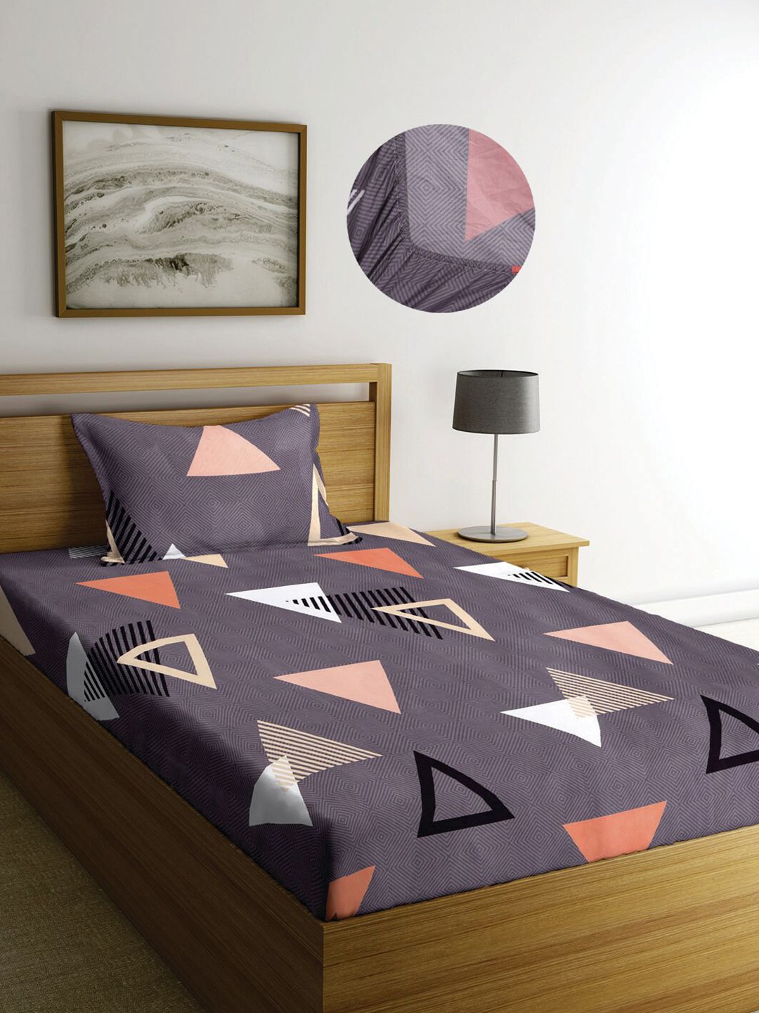 KLOTTHE Grey Geometric 300 TC Cotton Blend Elasticated Single Bedsheet with Pillow Cover Price in India