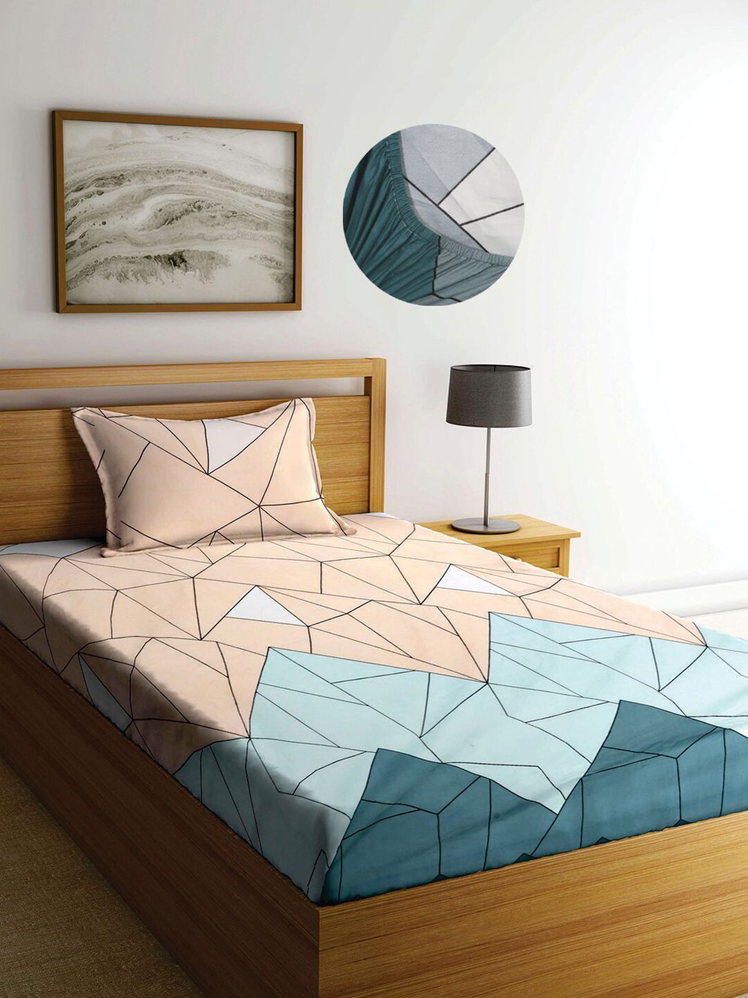 KLOTTHE Multicoloured Geometric Polycotton 300 TC Fitted Single Bedsheet with a Pillow Cover-87 x 59 inches