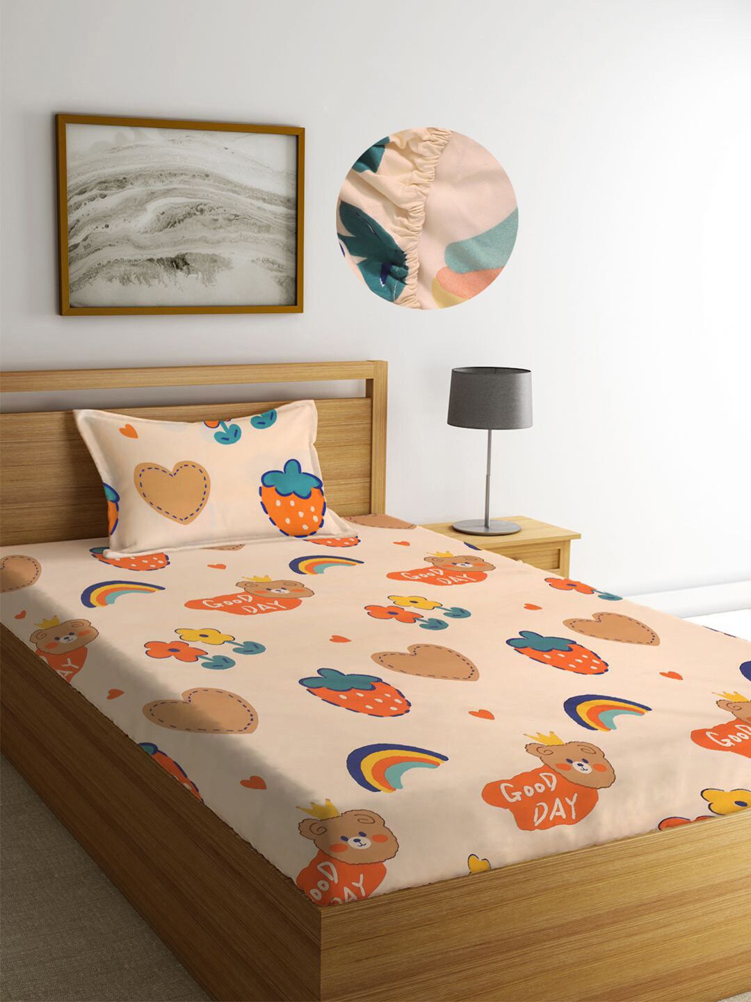 KLOTTHE KLOTTHE Pink Conversational Cotton 300 TC Fitted Single Fine Bedsheet with a Pillow Cover-220 x 150 cm