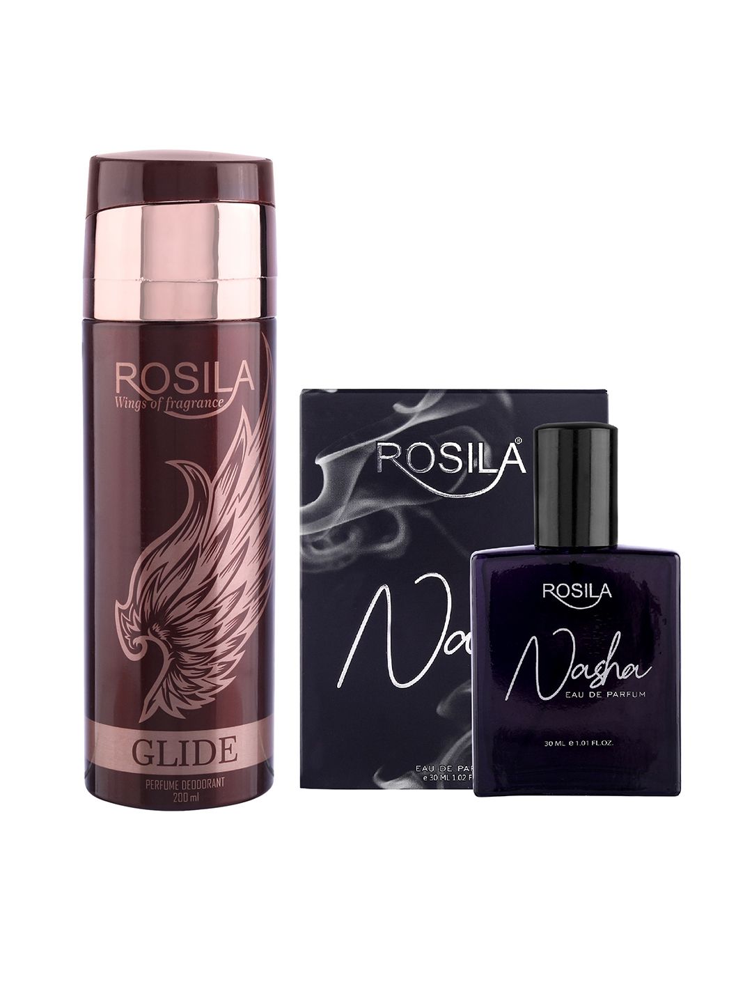 ROSILA Set of Glide Deodorant Body Spray 200ml & Nasha Eau de Parfum 30ml Price in India