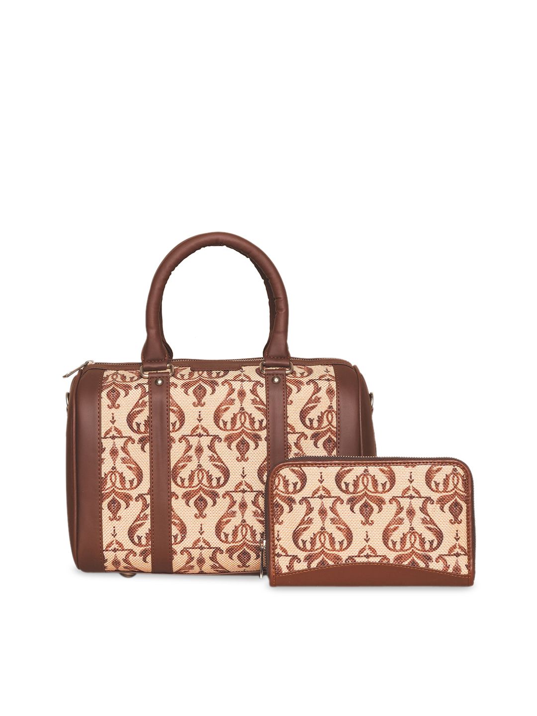 ZOUK Brown Ethnic Motifs Printed Structured Handheld Bag with Fringed Price in India