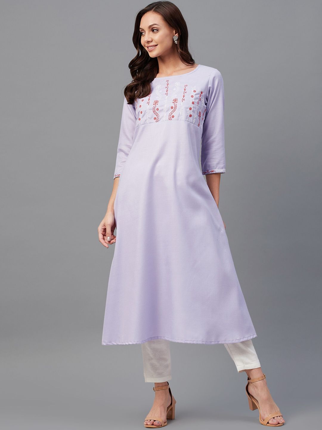 Azira Women Lavender Yoke Design Keyhole Neck Flared Sleeves Thread Work Anarkali Kurta Price in India