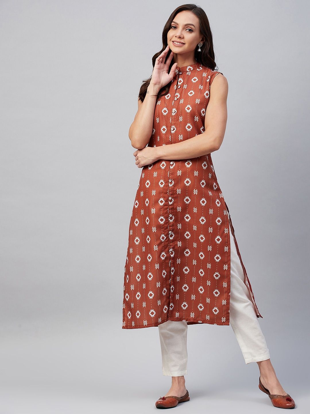 Azira Women Rust Ethnic Motifs Printed Keyhole Neck Mirror Work Kurta Price in India