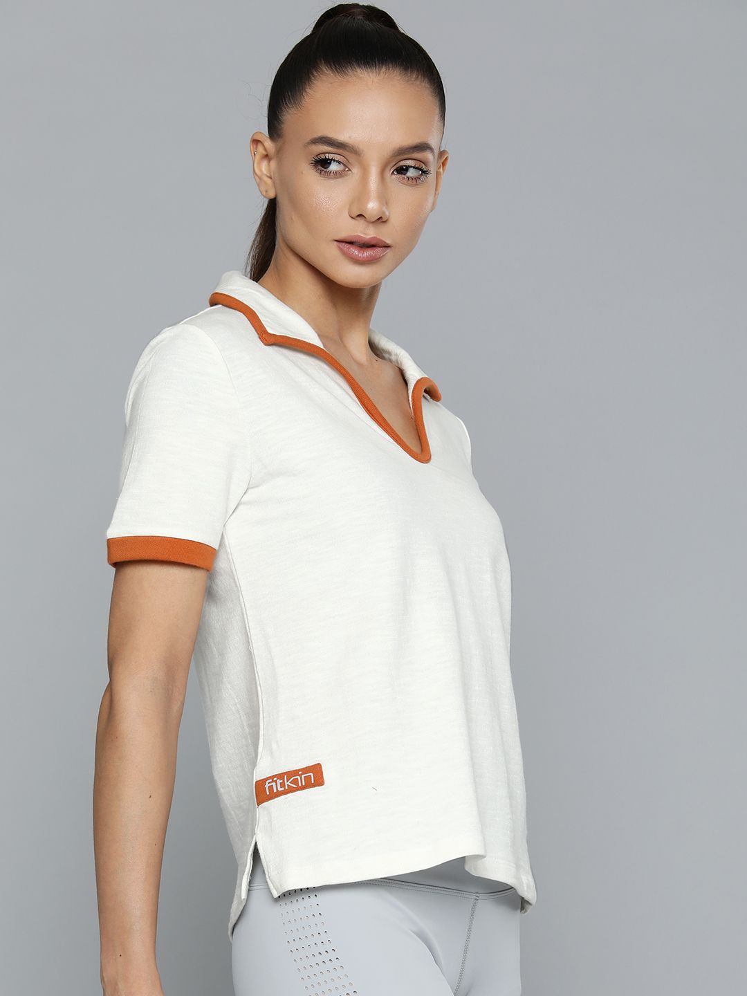 Fitkin Women White Solid Polo Collar Organic Cotton Anti Odour T-shirt Price in India